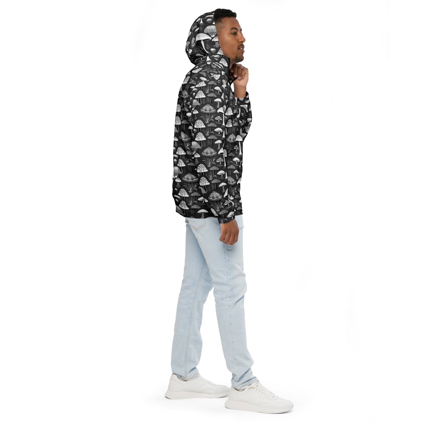 Whimsical Mushrooms in B&W Men’s Windbreaker