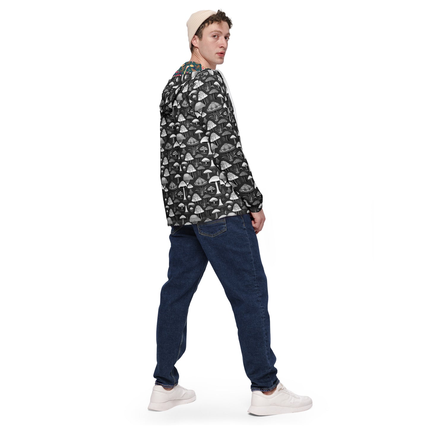 Whimsical Mushrooms in B&W Men’s Windbreaker