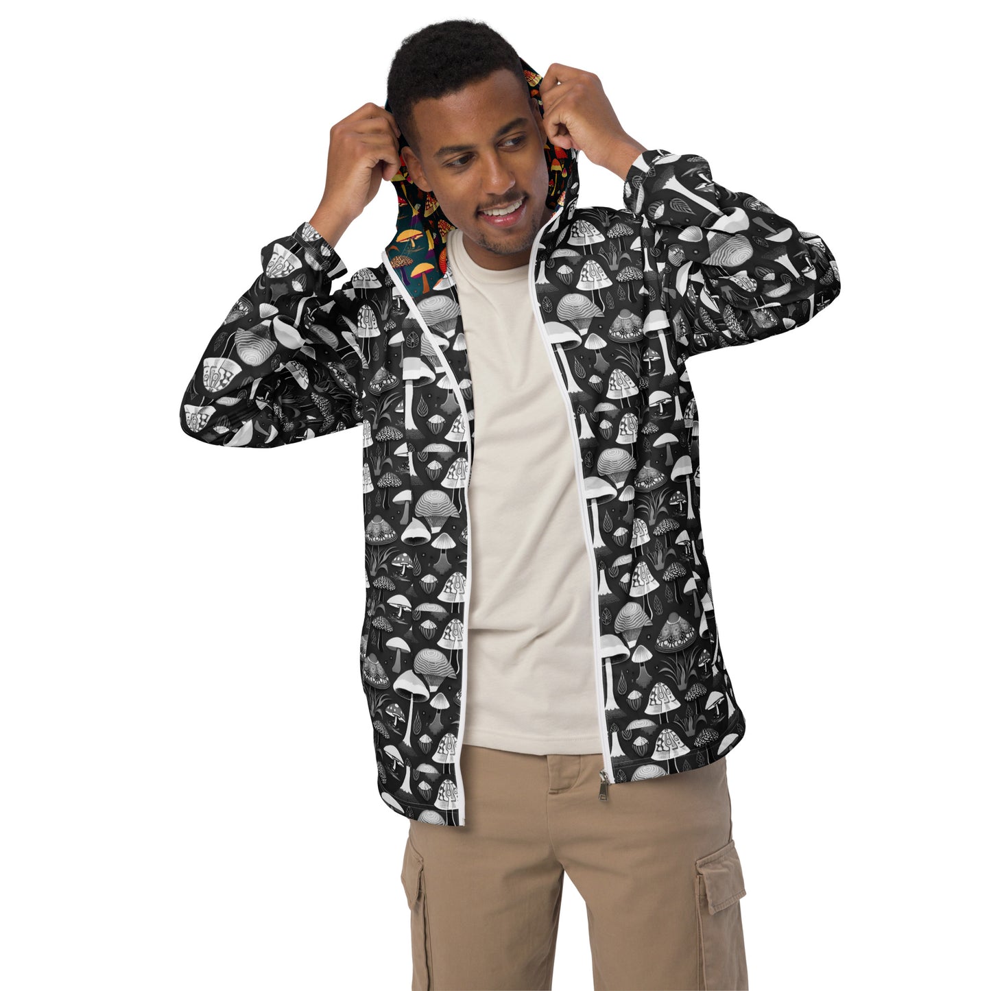 Whimsical Mushrooms in B&W Men’s Windbreaker