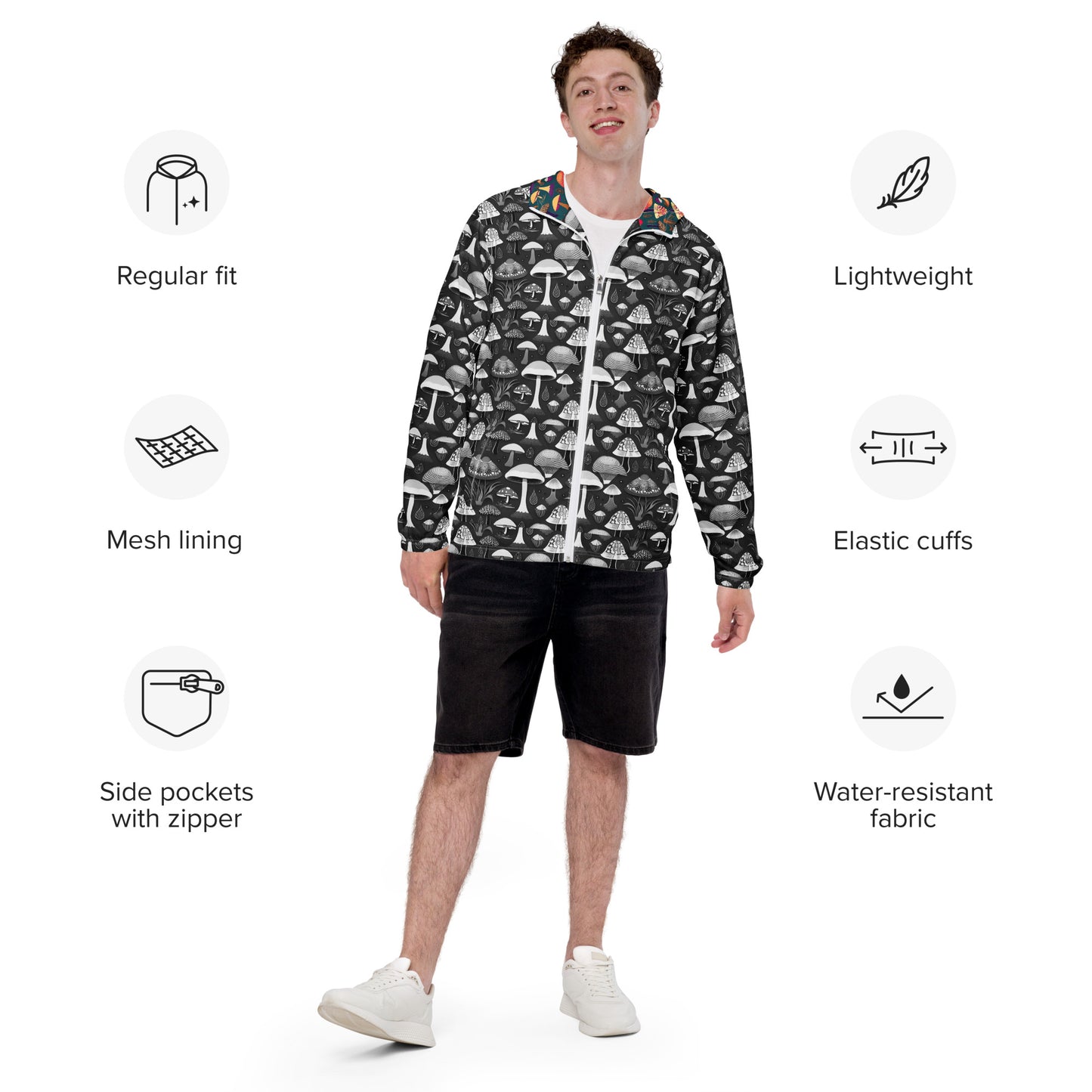 Whimsical Mushrooms in B&W Men’s Windbreaker