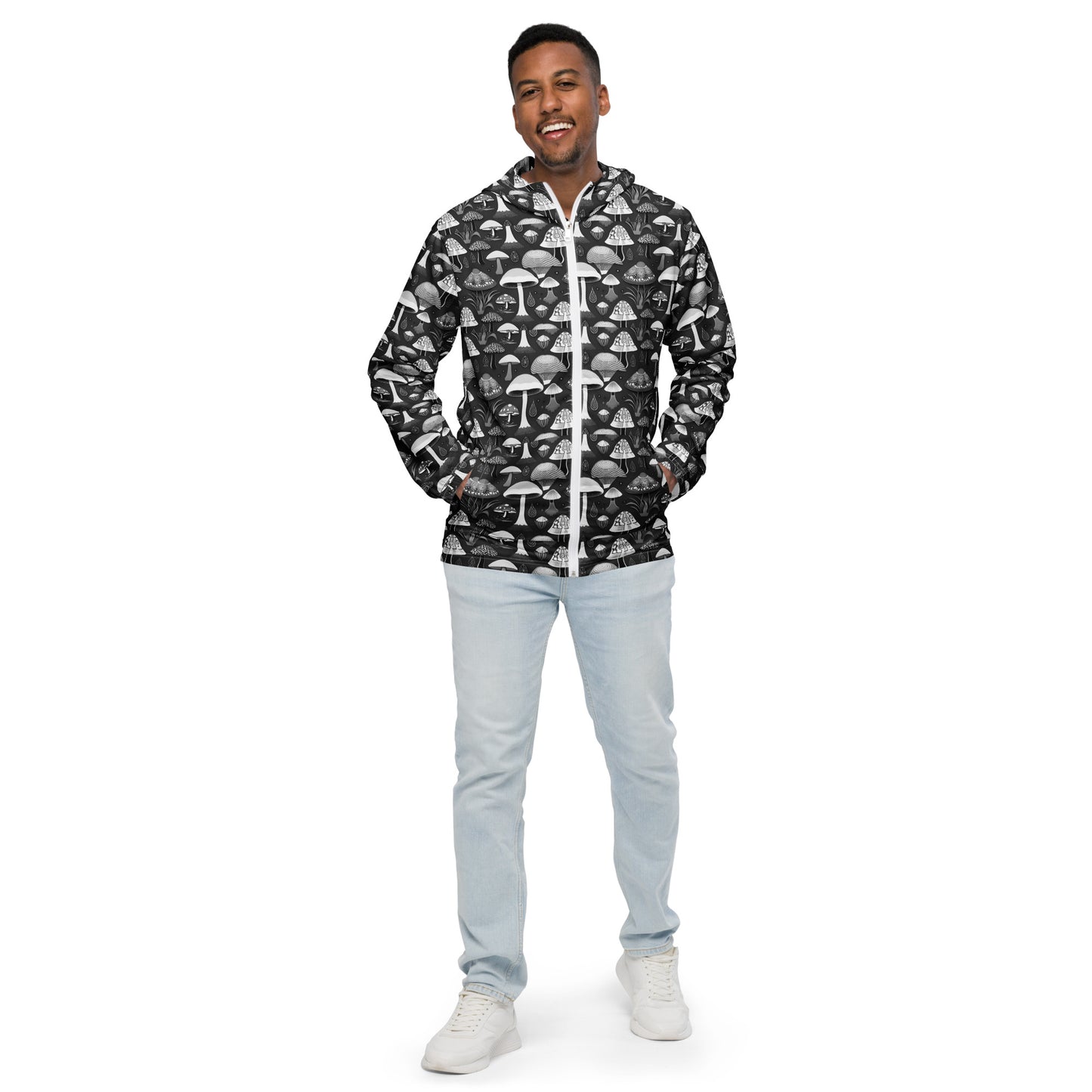 Whimsical Mushrooms in B&W Men’s Windbreaker