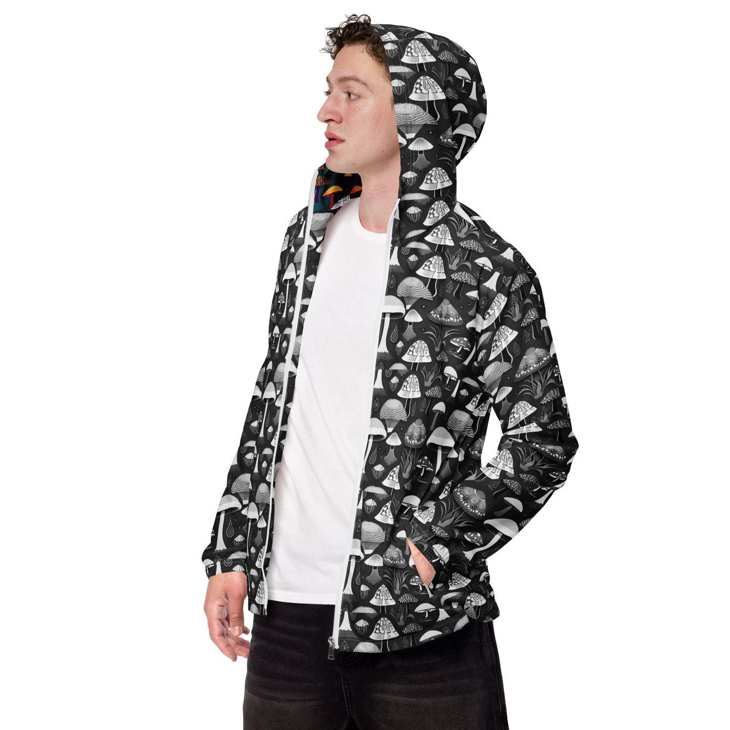 Whimsical Mushrooms in B&W Men’s Windbreaker