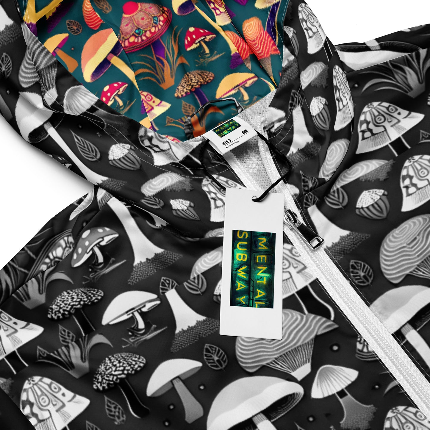 Whimsical Mushrooms in B&W Men’s Windbreaker