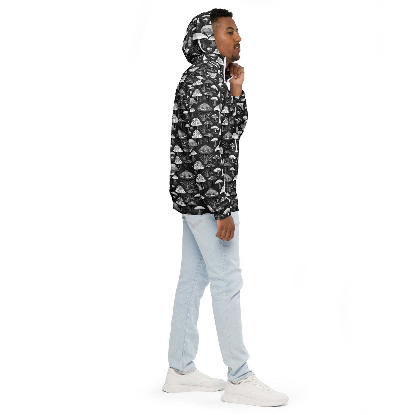 Whimsical Mushrooms in B&W Men’s Windbreaker