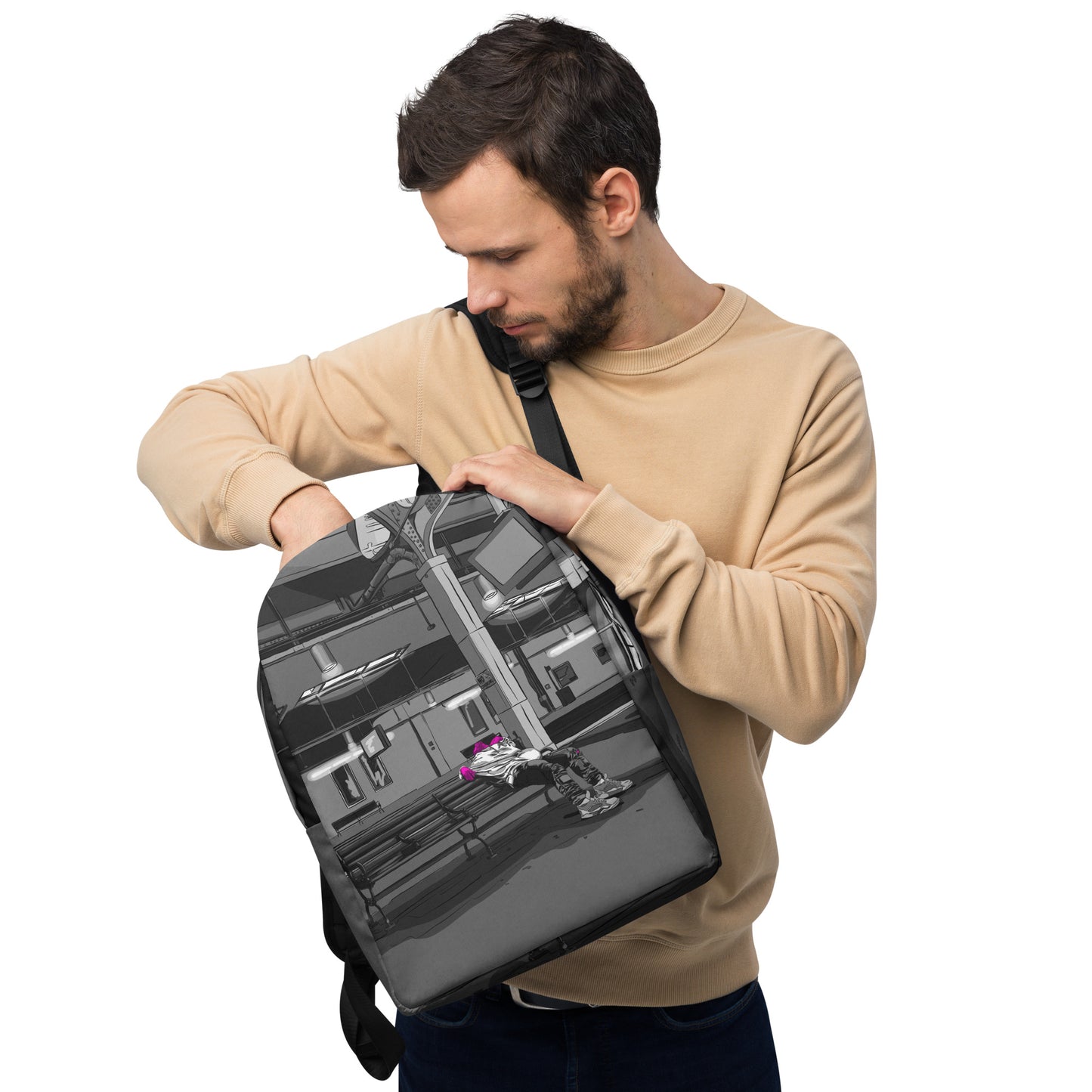 Man Sleeping on Amtrak Bench, NJ Minimalist Backpack