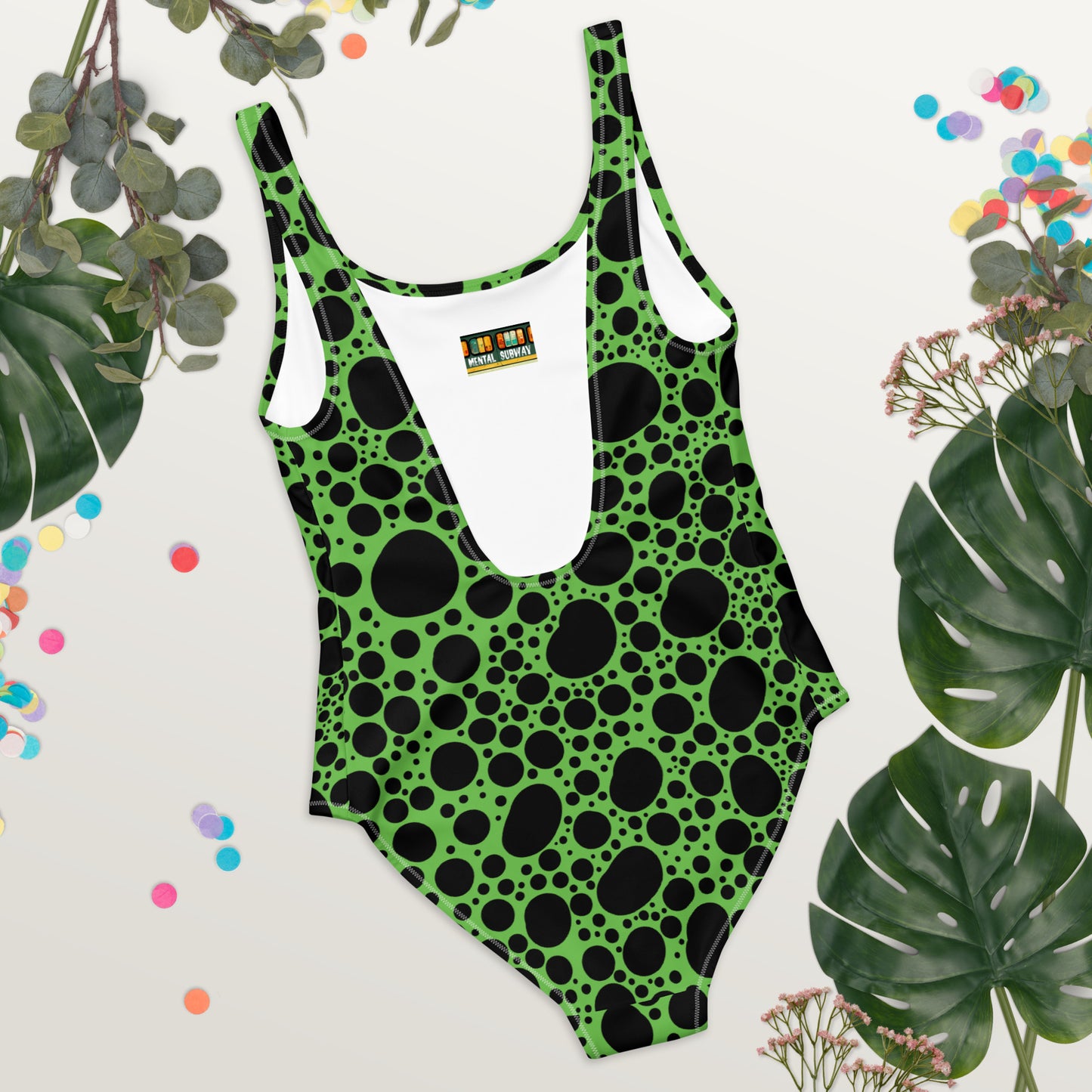 Noir Pointillism on Green One-Piece Swimsuit