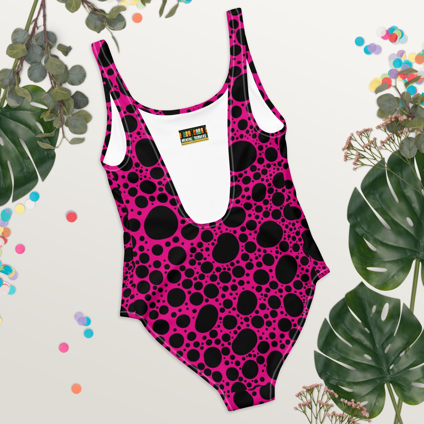 Noir Pointillism on Pink One-Piece Swimsuit