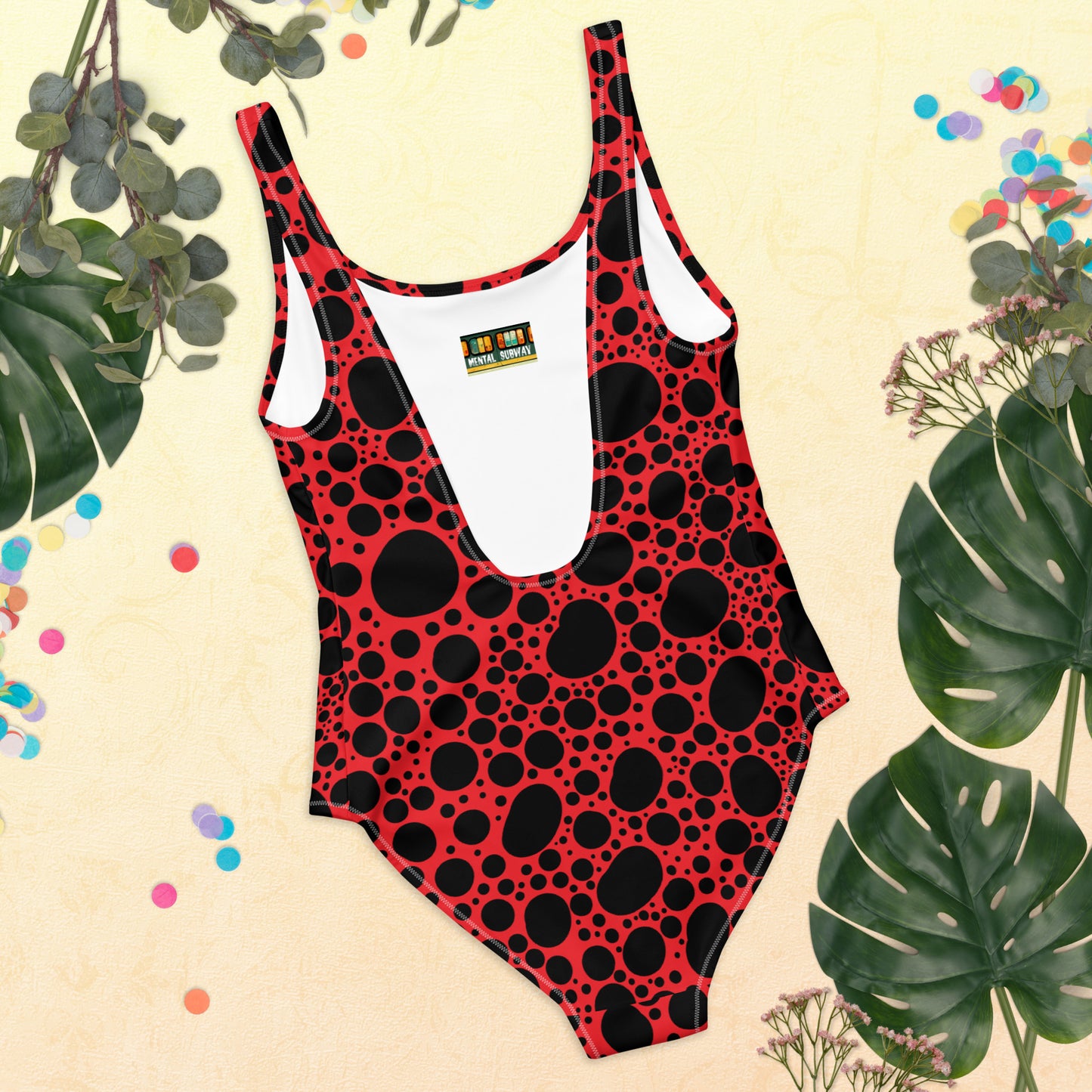 Noir Pointillism on Red One-Piece Swimsuit