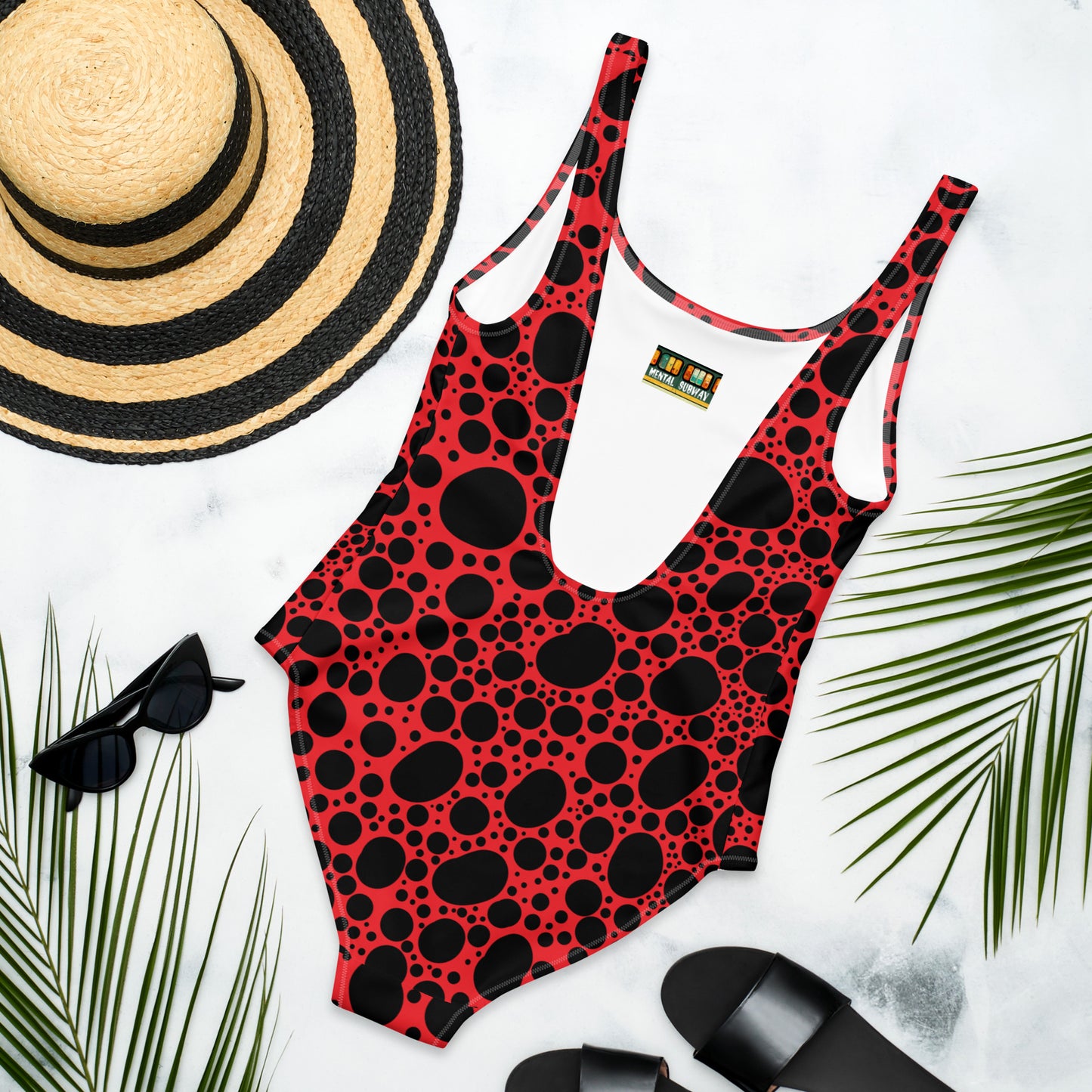 Noir Pointillism on Red One-Piece Swimsuit