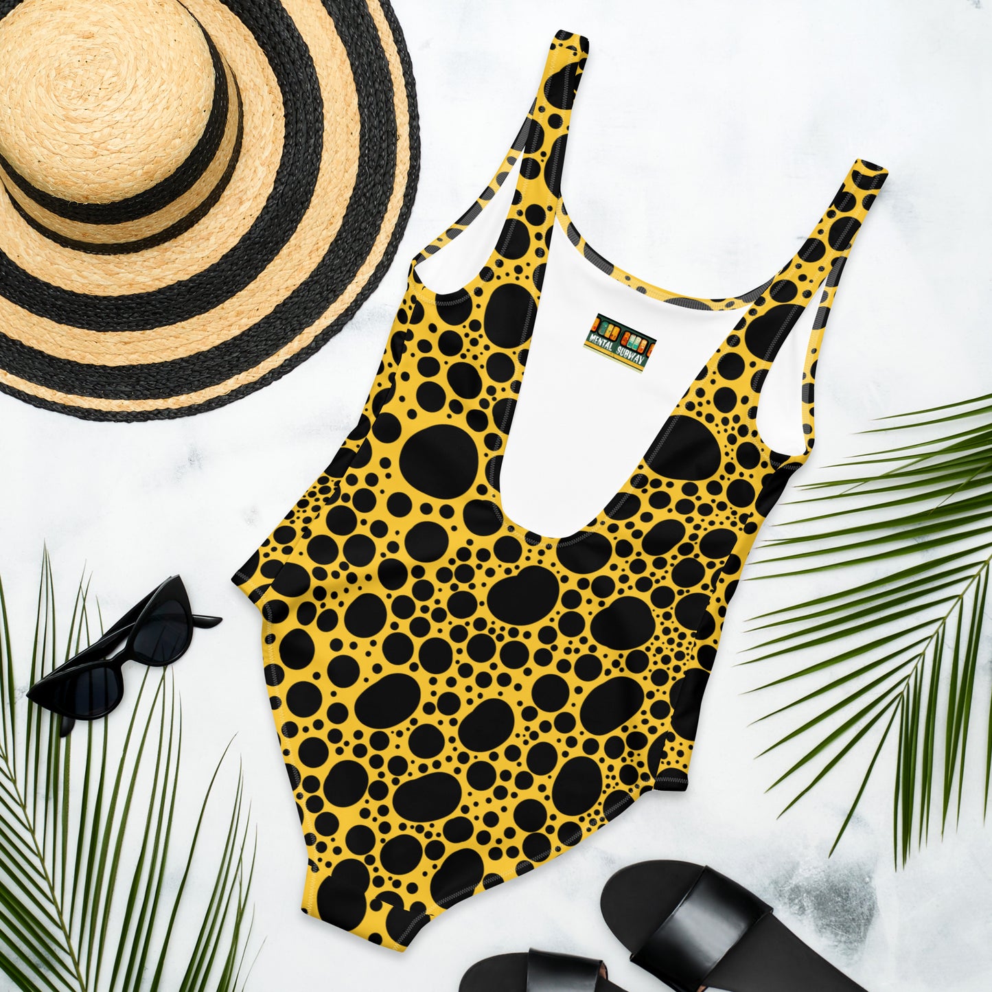 Noir Pointillism on Mustard One-Piece Swimsuit