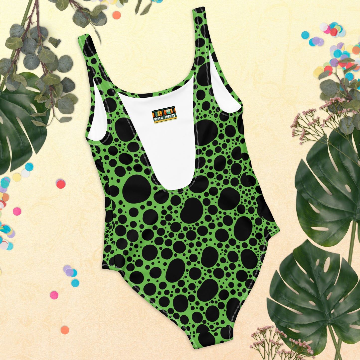 Noir Pointillism on Green One-Piece Swimsuit