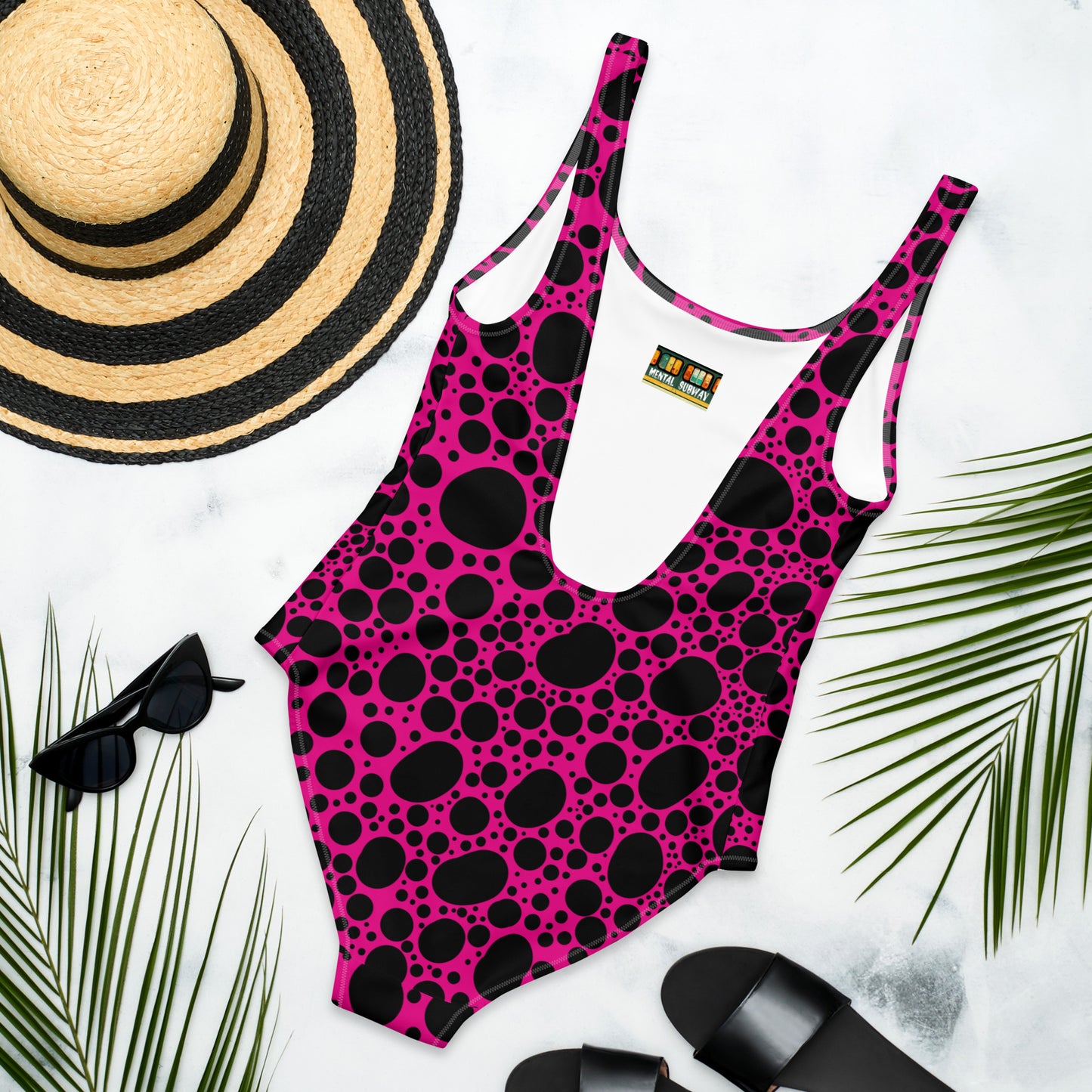 Noir Pointillism on Pink One-Piece Swimsuit