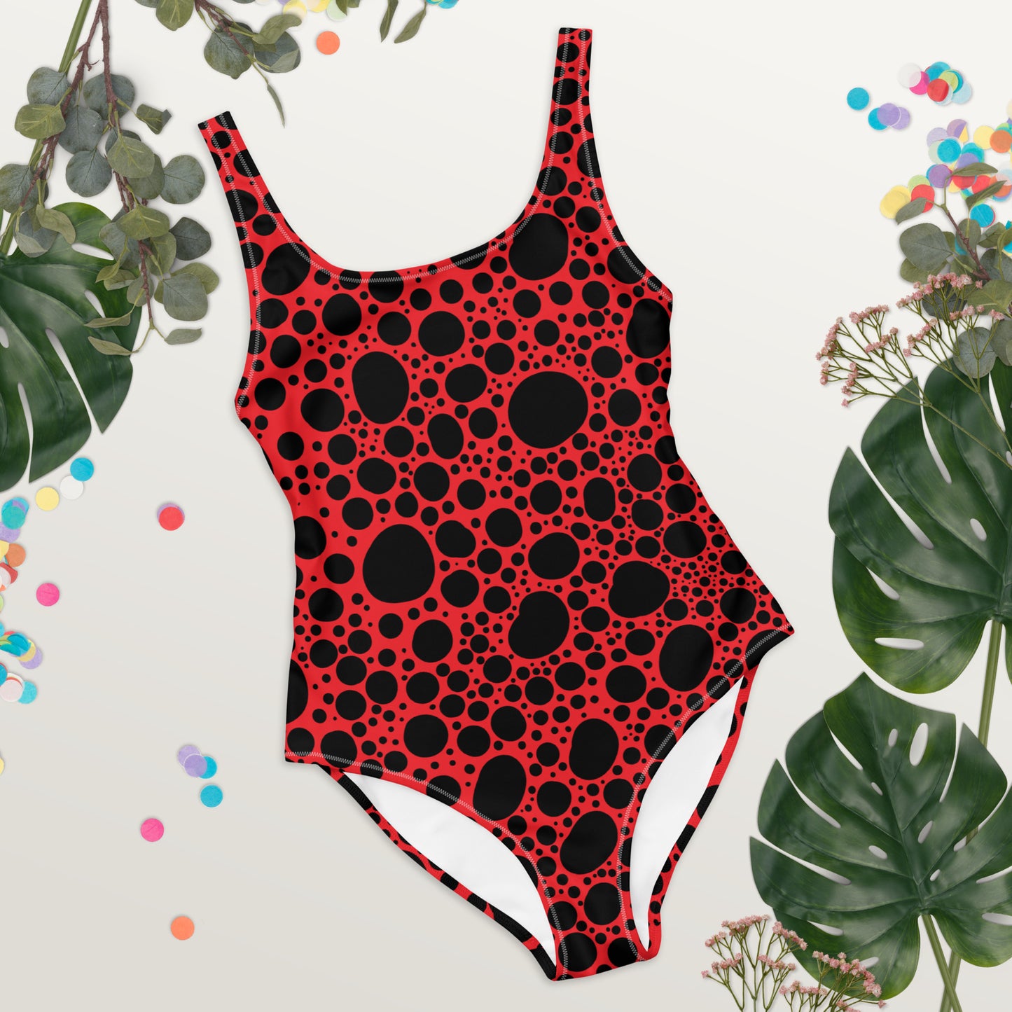 Noir Pointillism on Red One-Piece Swimsuit