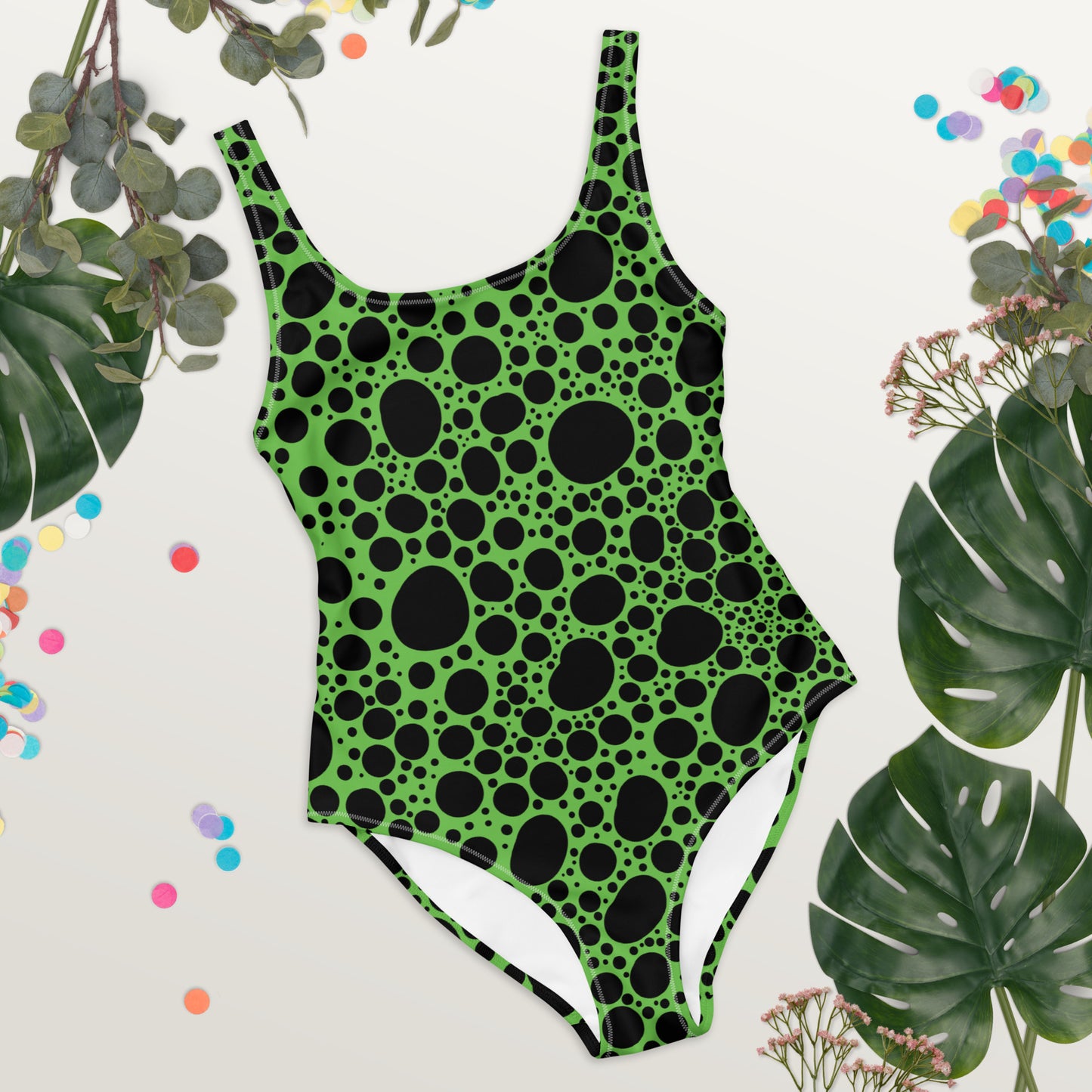 Noir Pointillism on Green One-Piece Swimsuit