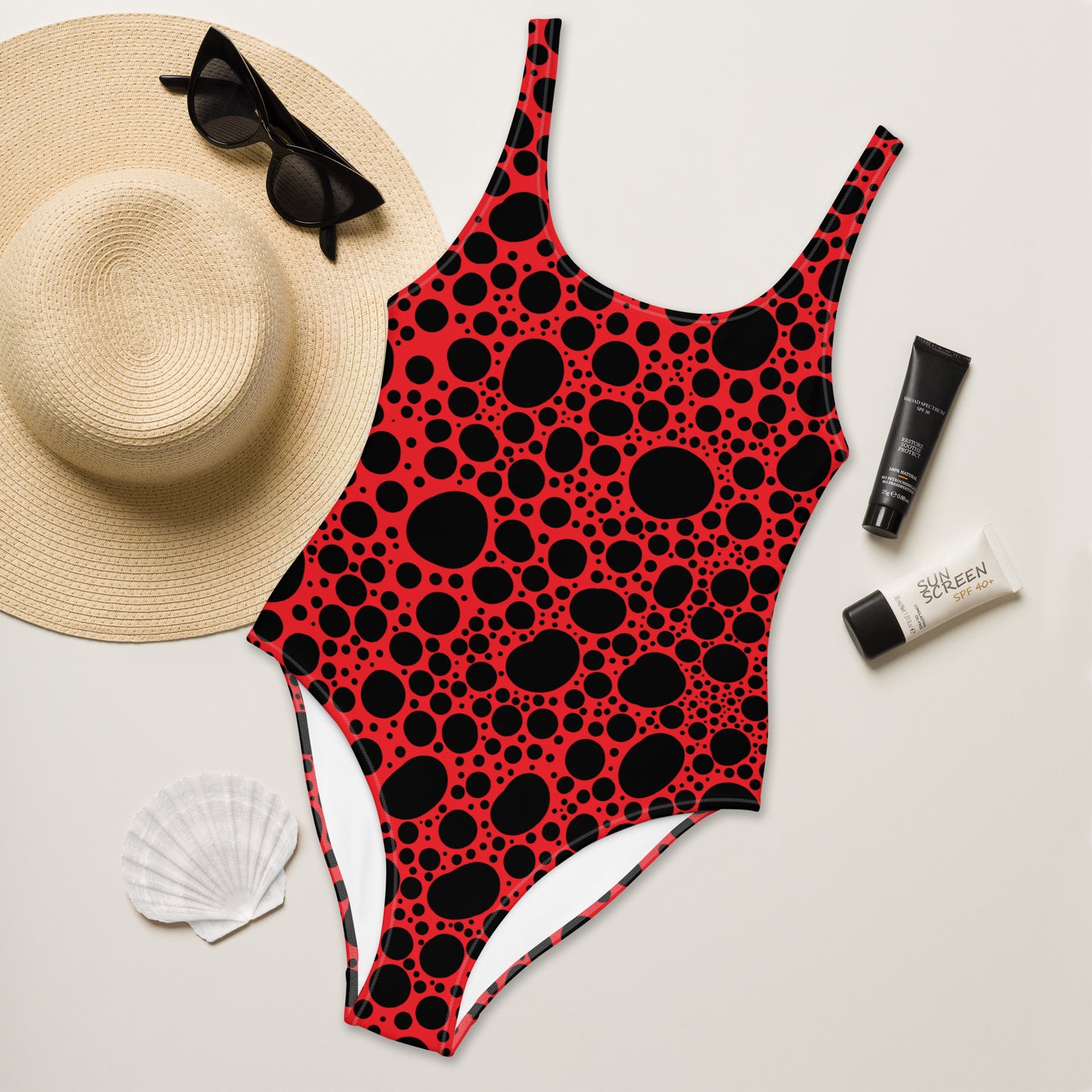 Noir Pointillism on Red One-Piece Swimsuit