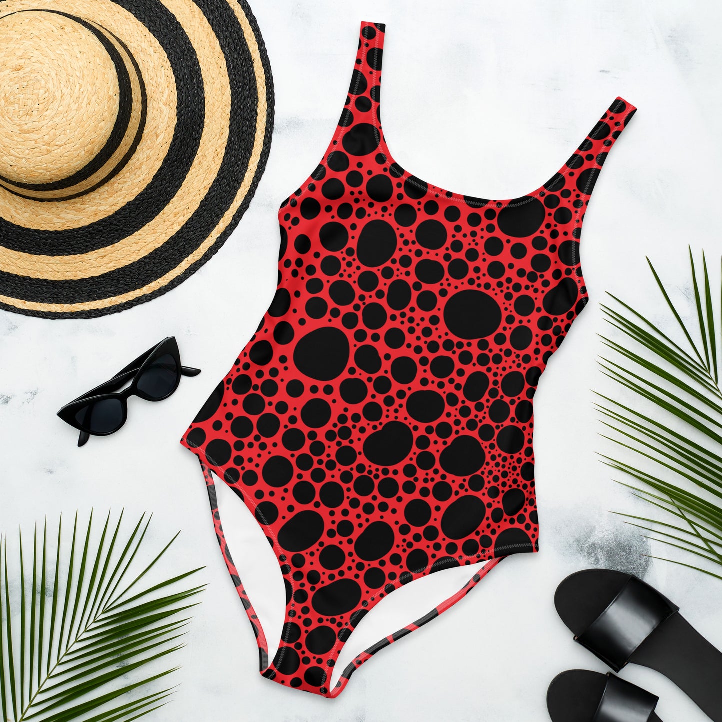 Noir Pointillism on Red One-Piece Swimsuit