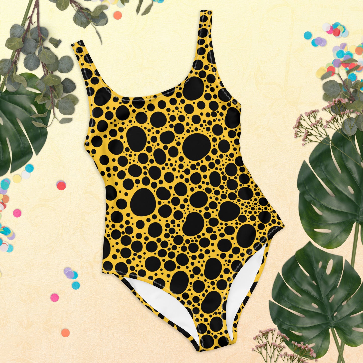 Noir Pointillism on Mustard One-Piece Swimsuit