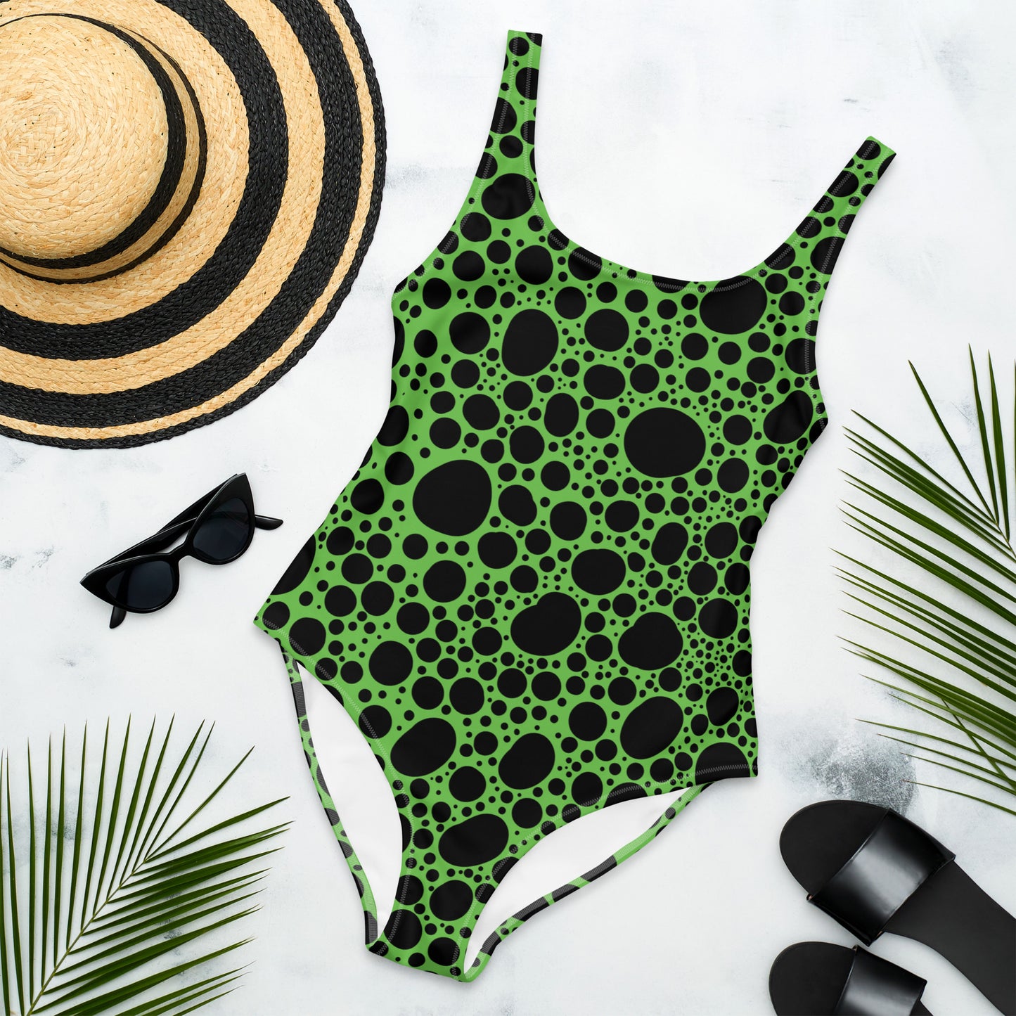 Noir Pointillism on Green One-Piece Swimsuit