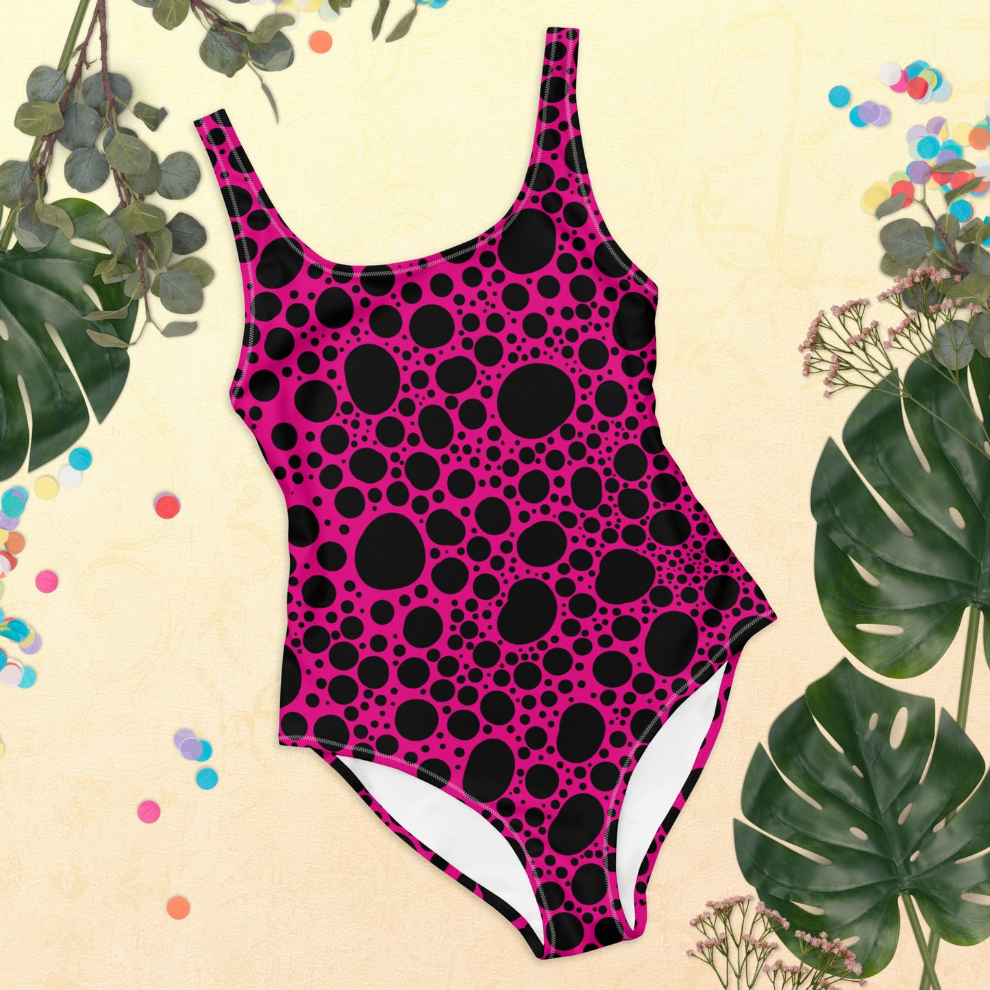 Noir Pointillism on Pink One-Piece Swimsuit