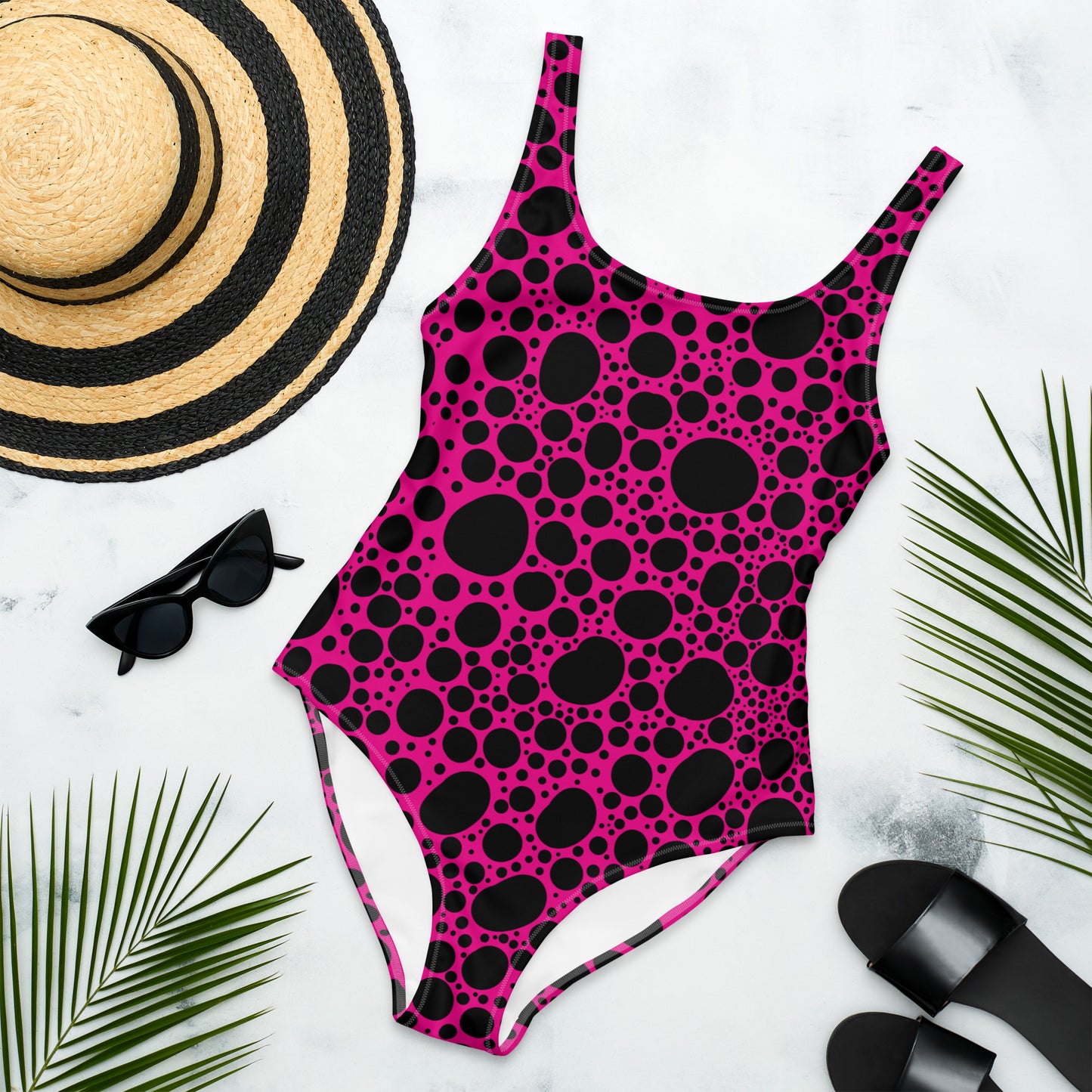 Noir Pointillism on Pink One-Piece Swimsuit