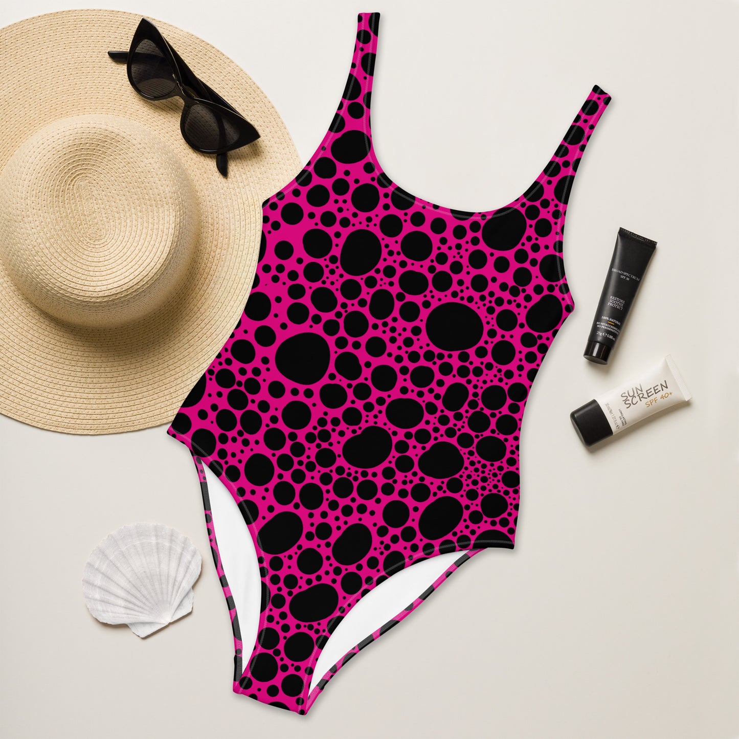 Noir Pointillism on Pink One-Piece Swimsuit