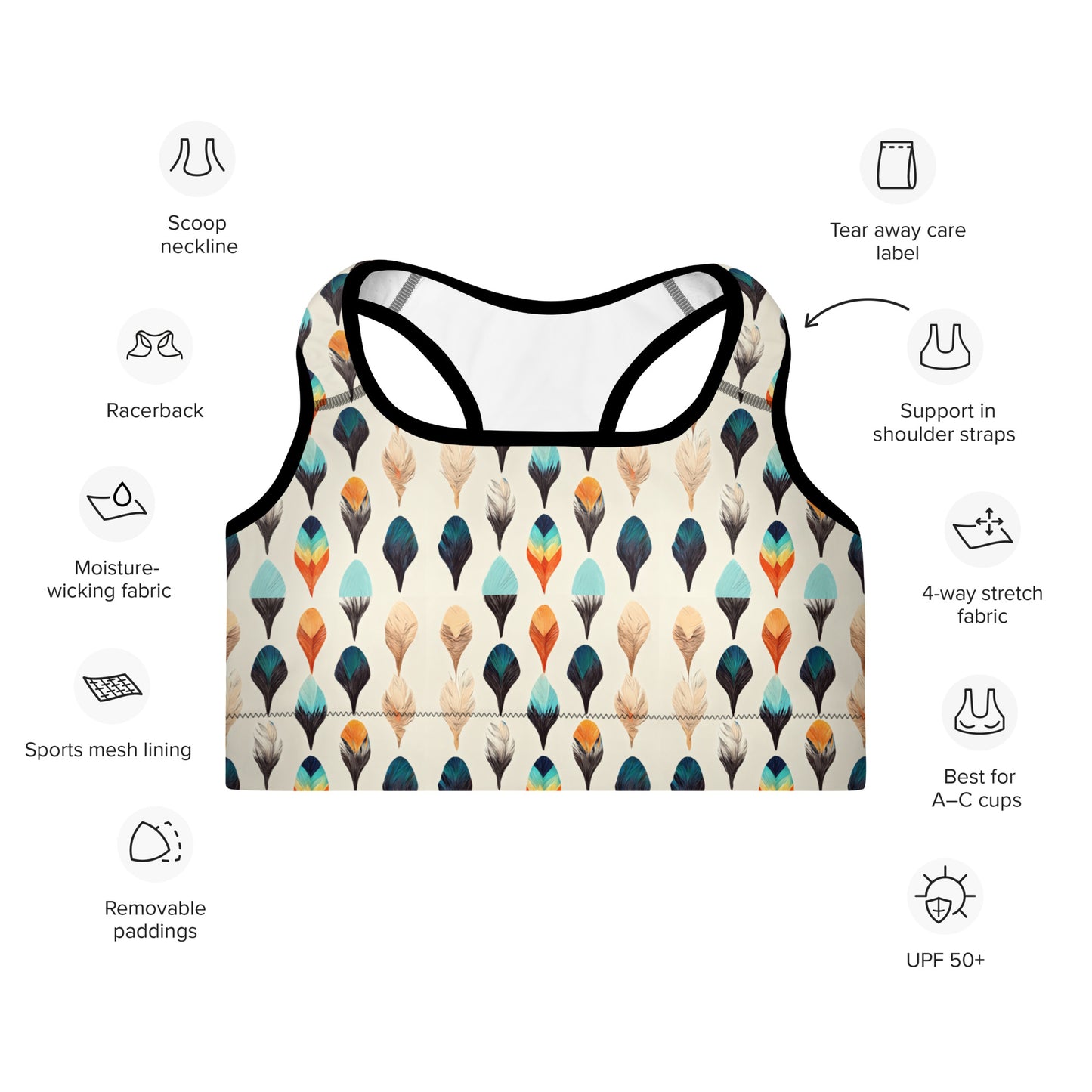 Colorful Plumes Padded Sports Bra