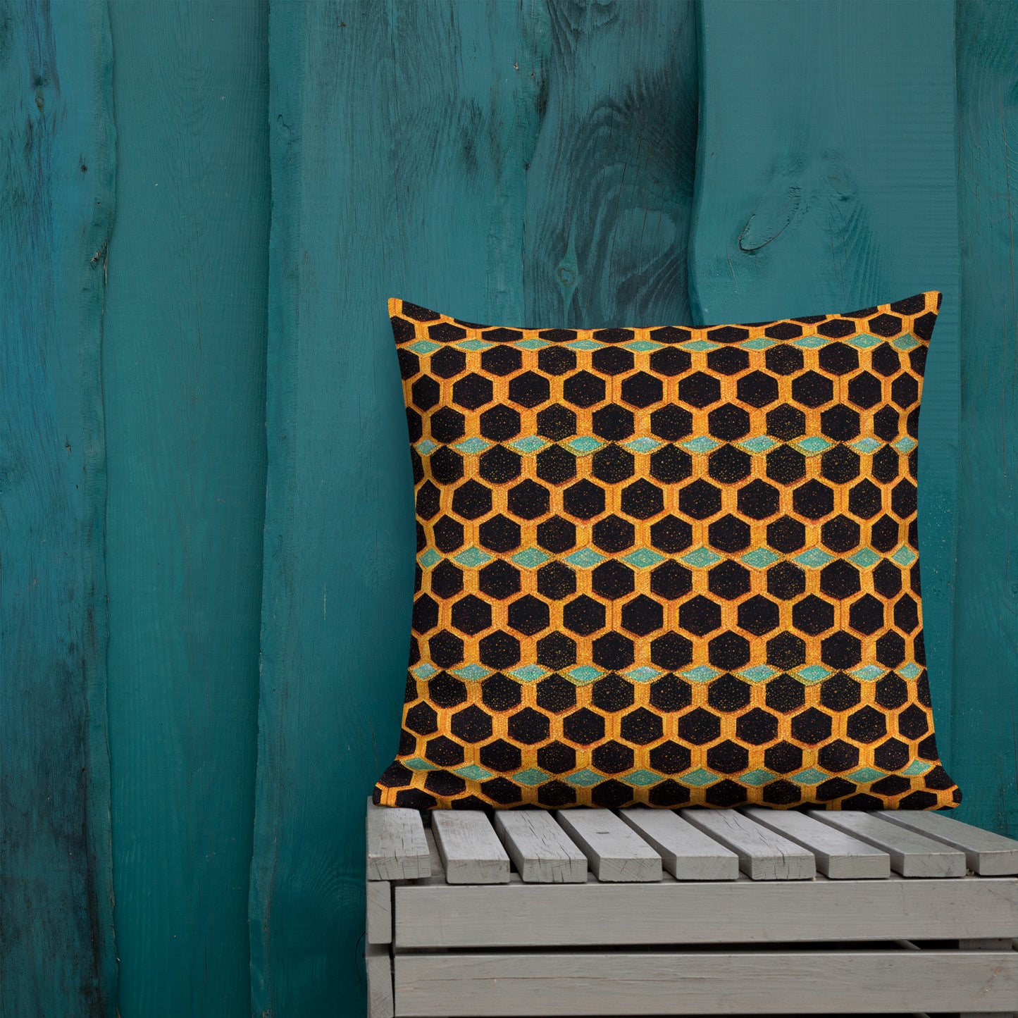 Teal and Gold Bee Bungalow Premium Pillow