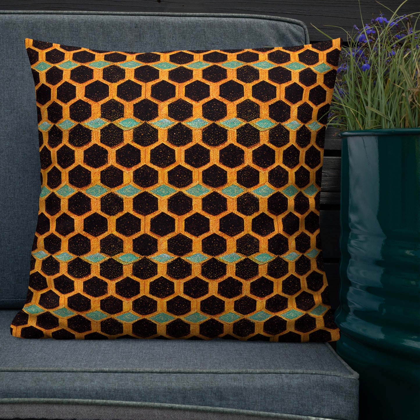 Teal and Gold Bee Bungalow Premium Pillow