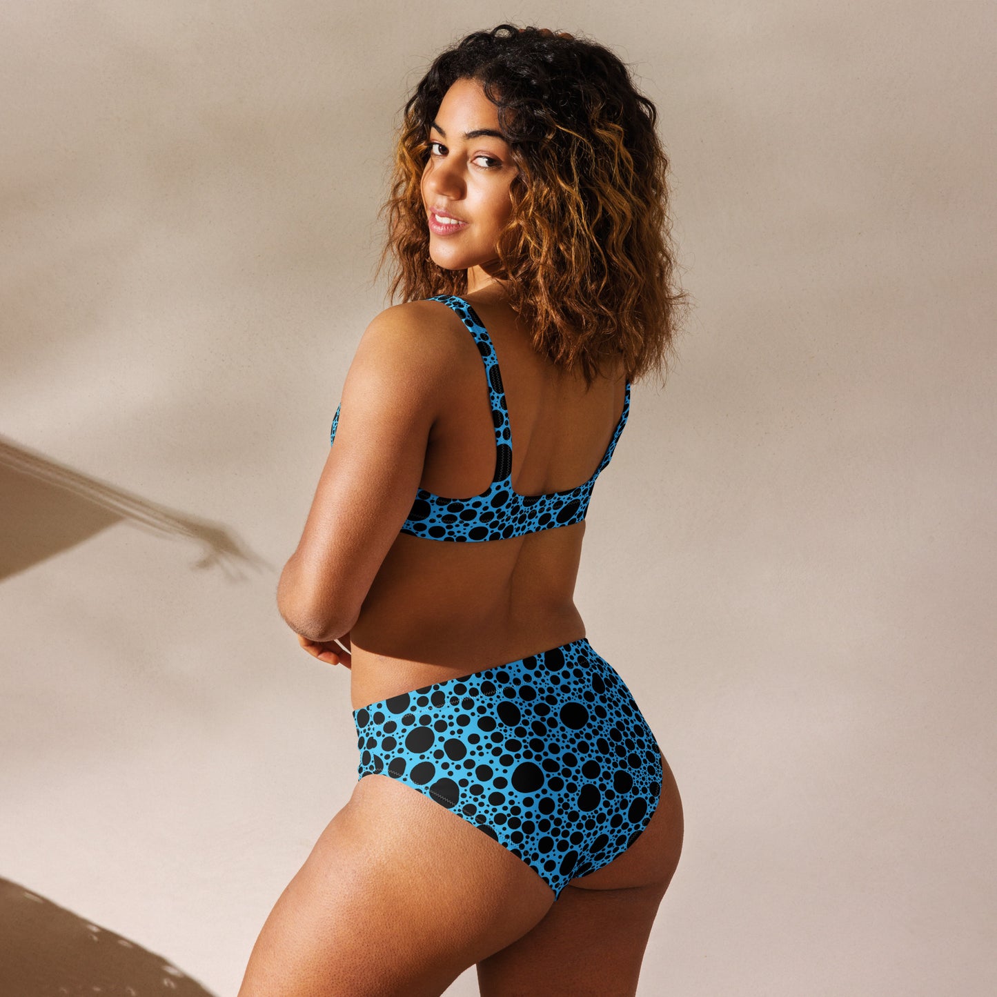 Noir Pointillism On Blue Recycled high-waisted bikini