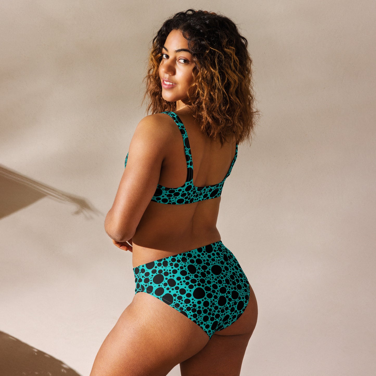 Noir Pointillism on Teal Recycled high-waisted bikini