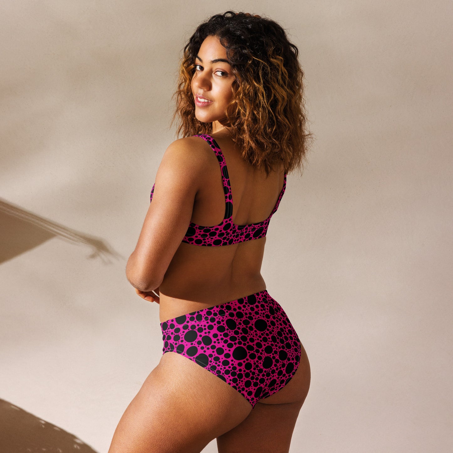 Noir Pointillism on Pink Recycled high-waisted bikini