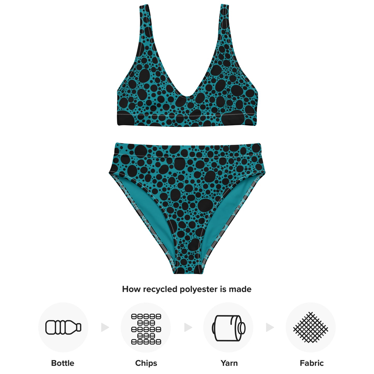 Noir Pointillism on Dusty Blue Recycled high-waisted bikini