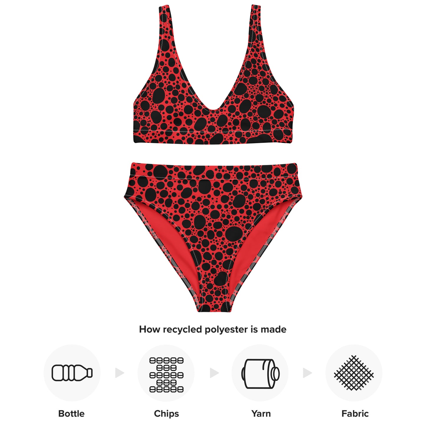 Noir Pointillism on Red Recycled high-waisted bikini