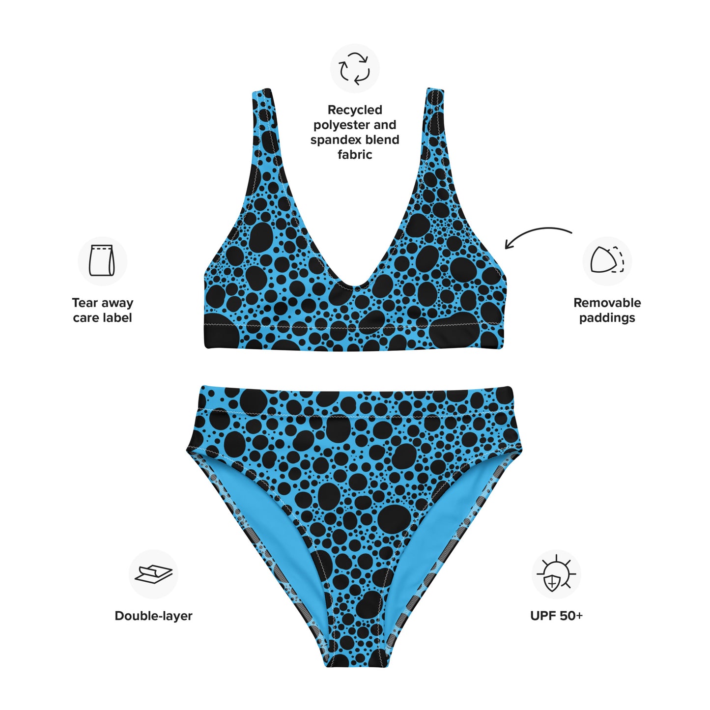 Noir Pointillism On Blue Recycled high-waisted bikini