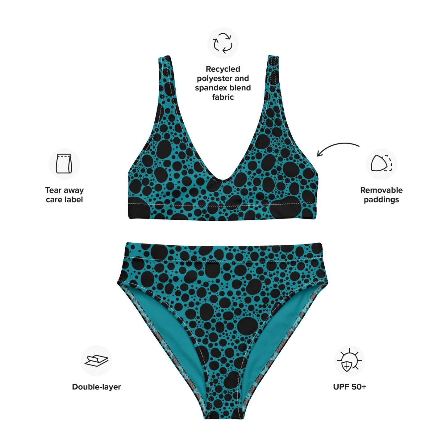 Noir Pointillism on Dusty Blue Recycled high-waisted bikini