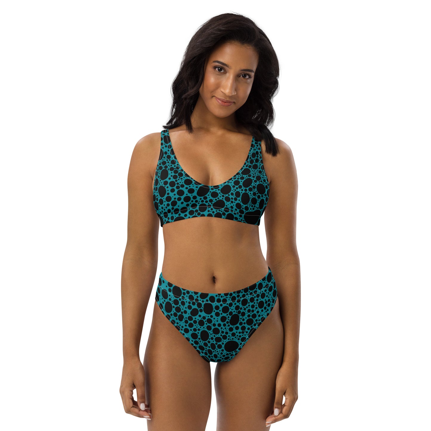 Noir Pointillism on Dusty Blue Recycled high-waisted bikini