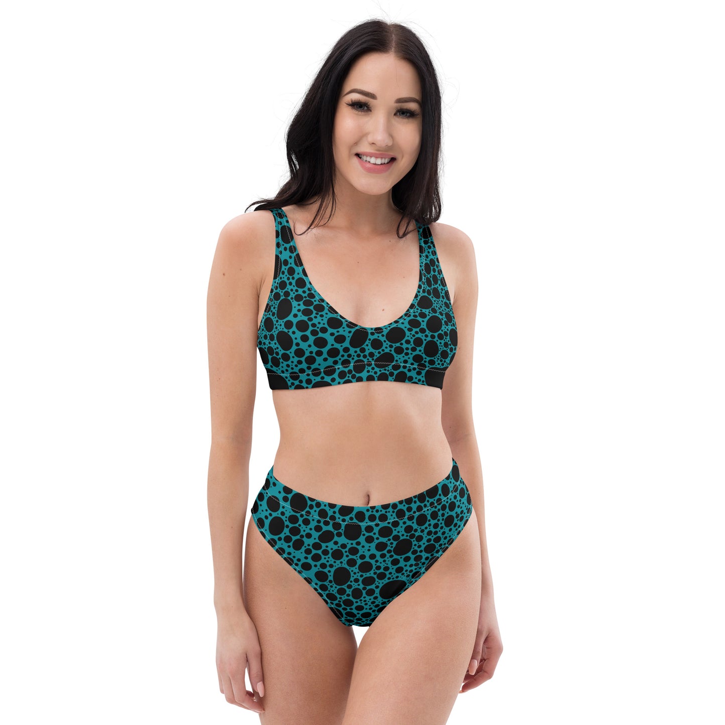 Noir Pointillism on Dusty Blue Recycled high-waisted bikini