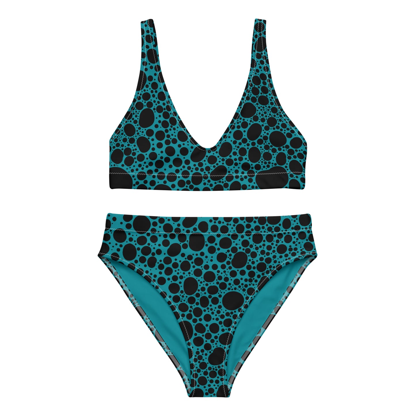 Noir Pointillism on Dusty Blue Recycled high-waisted bikini