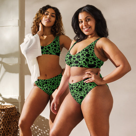 Noir Pointillism on Green Recycled high-waisted bikini