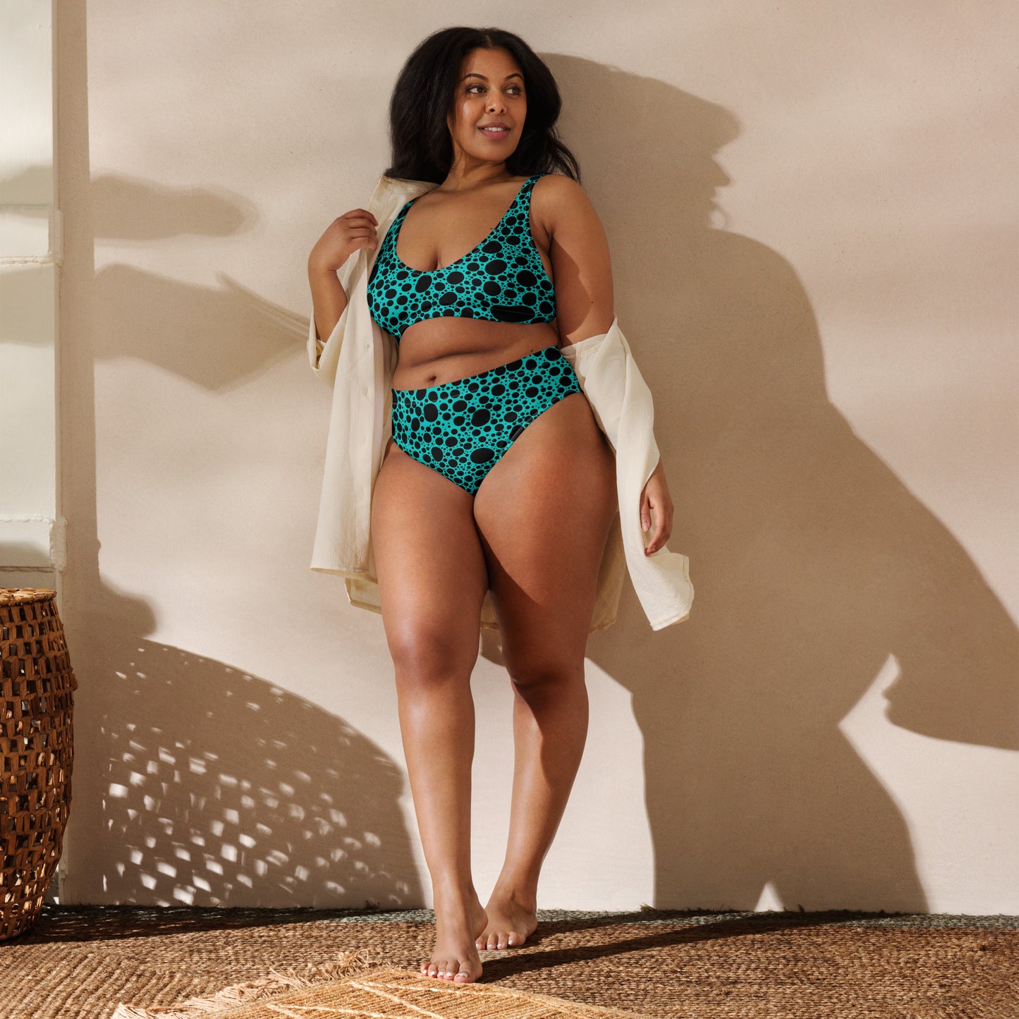 Noir Pointillism on Teal Recycled high-waisted bikini