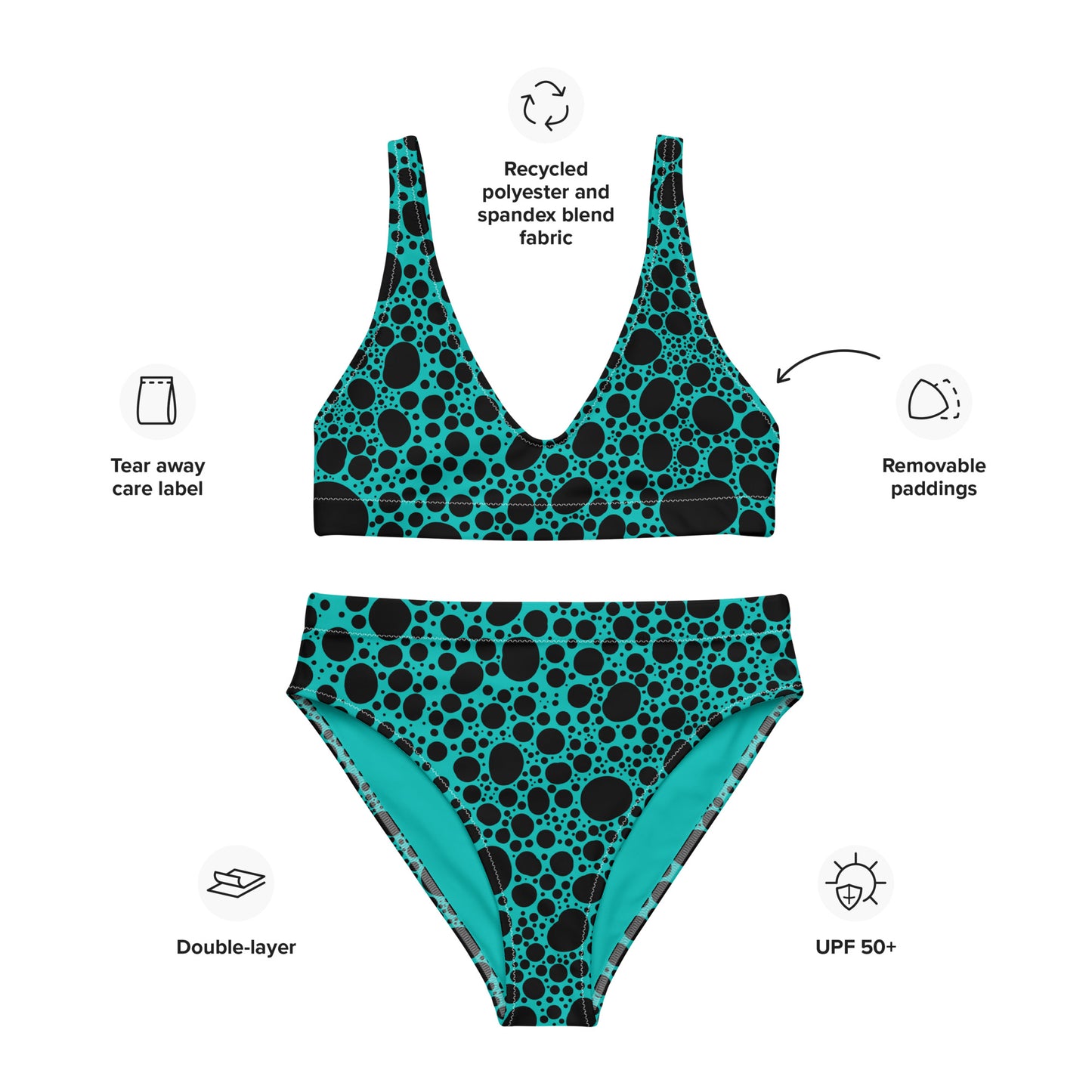 Noir Pointillism on Teal Recycled high-waisted bikini