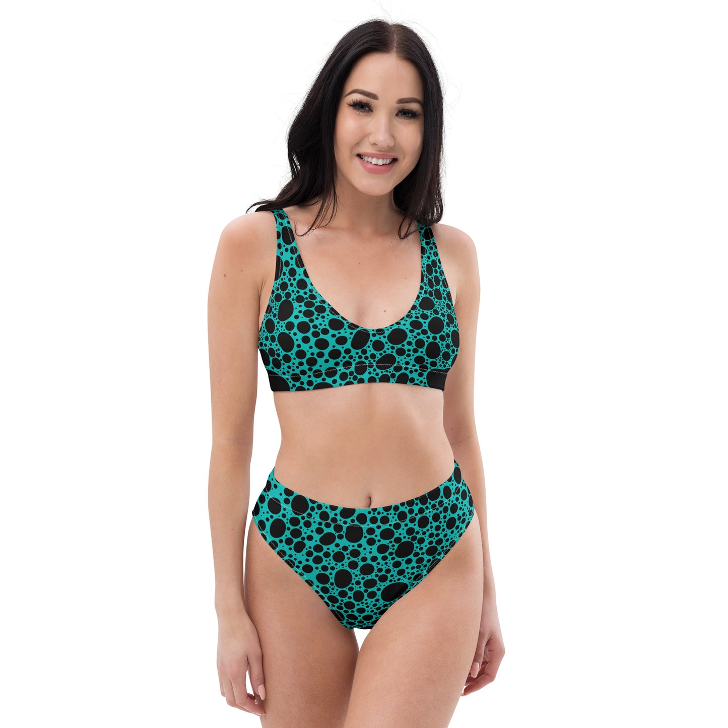 Noir Pointillism on Teal Recycled high-waisted bikini