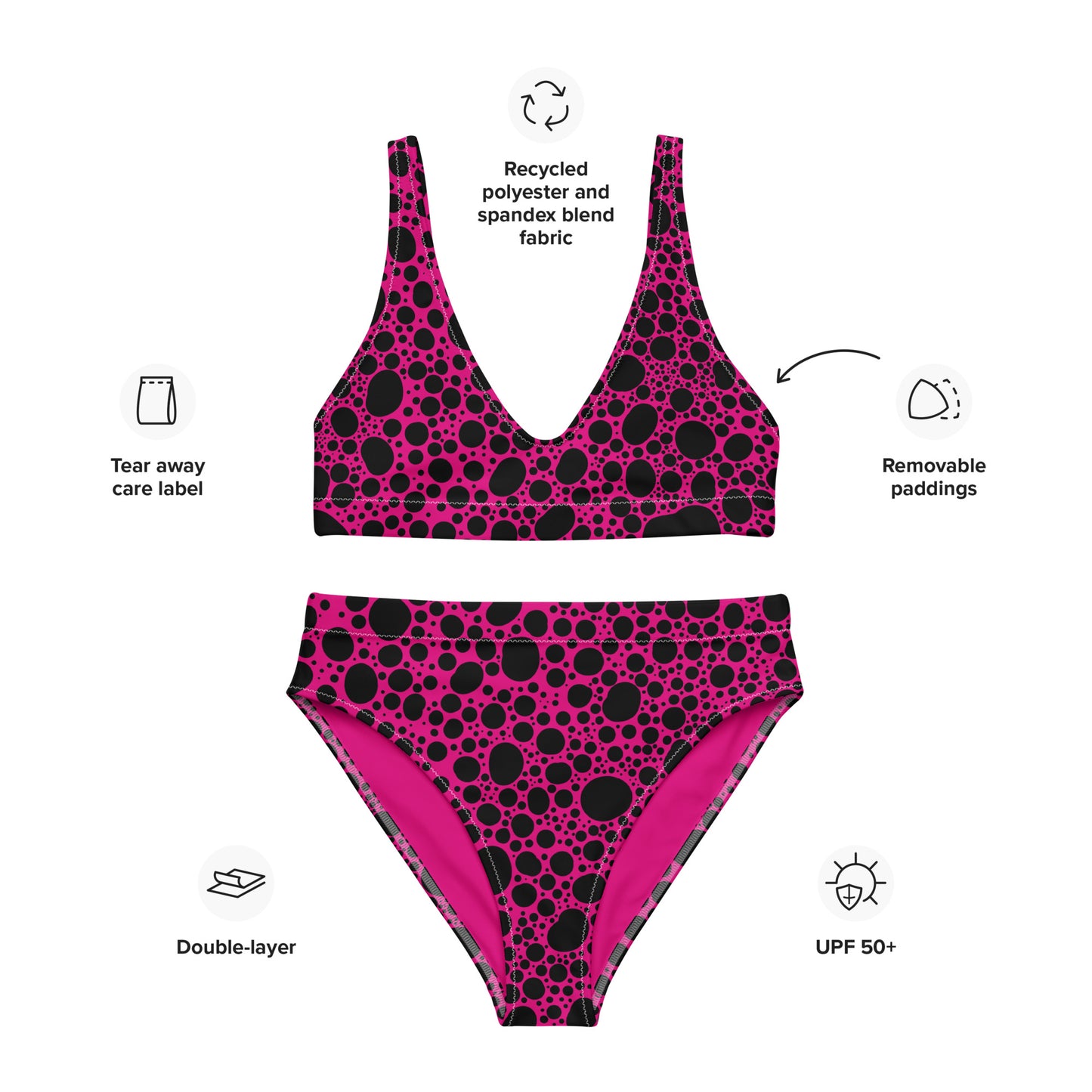 Noir Pointillism on Pink Recycled high-waisted bikini