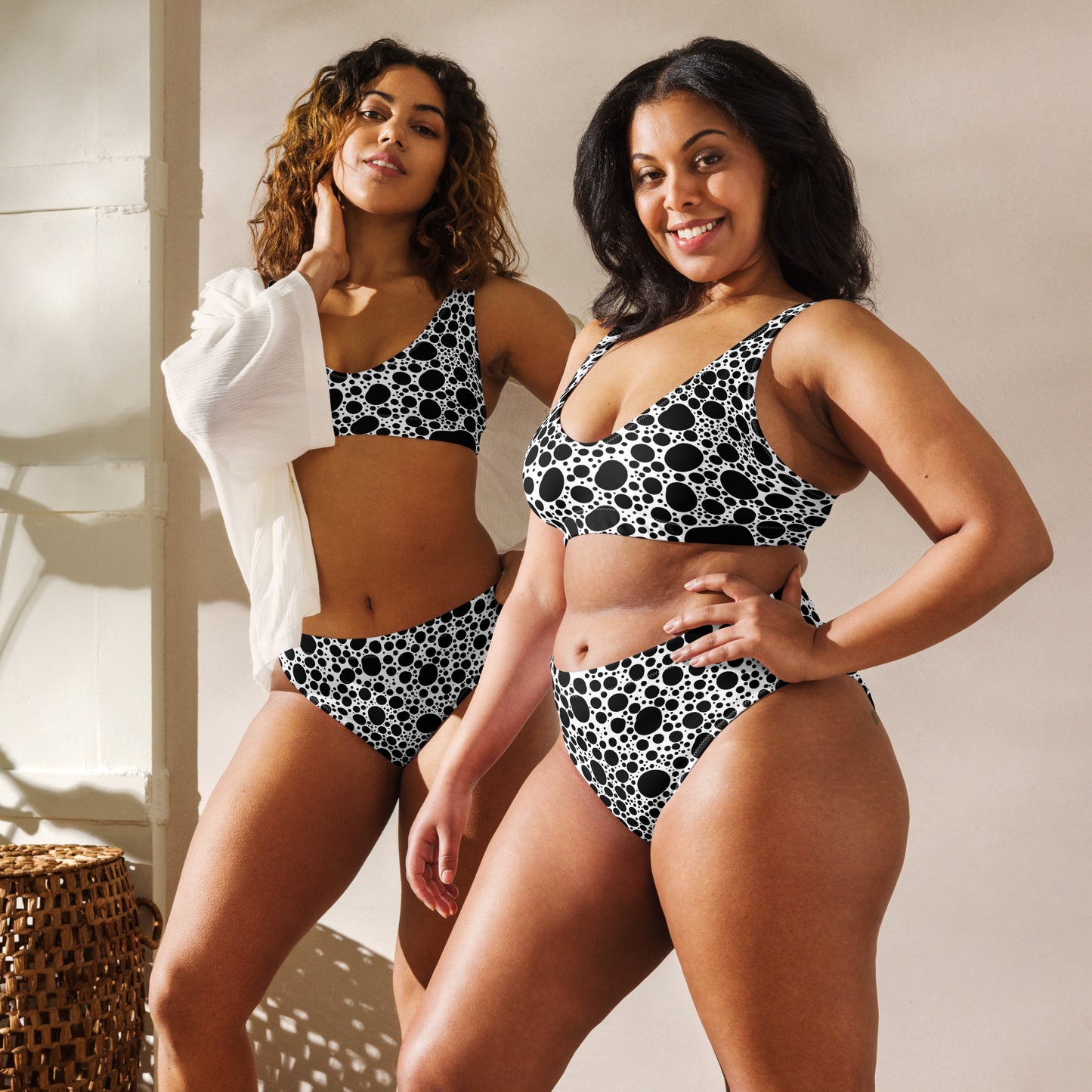 Noir Pointillism on White Recycled high-waisted bikini