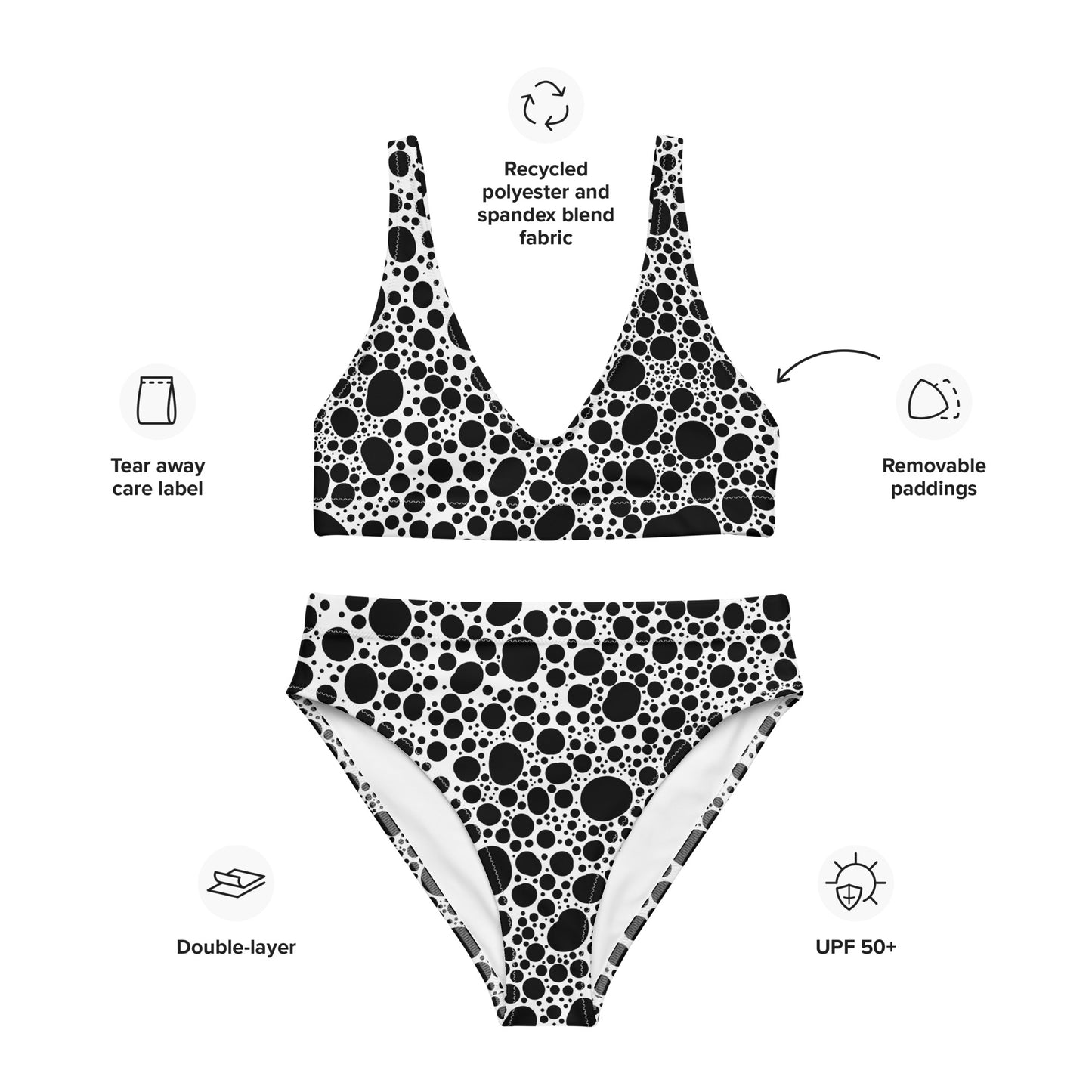 Noir Pointillism on White Recycled high-waisted bikini