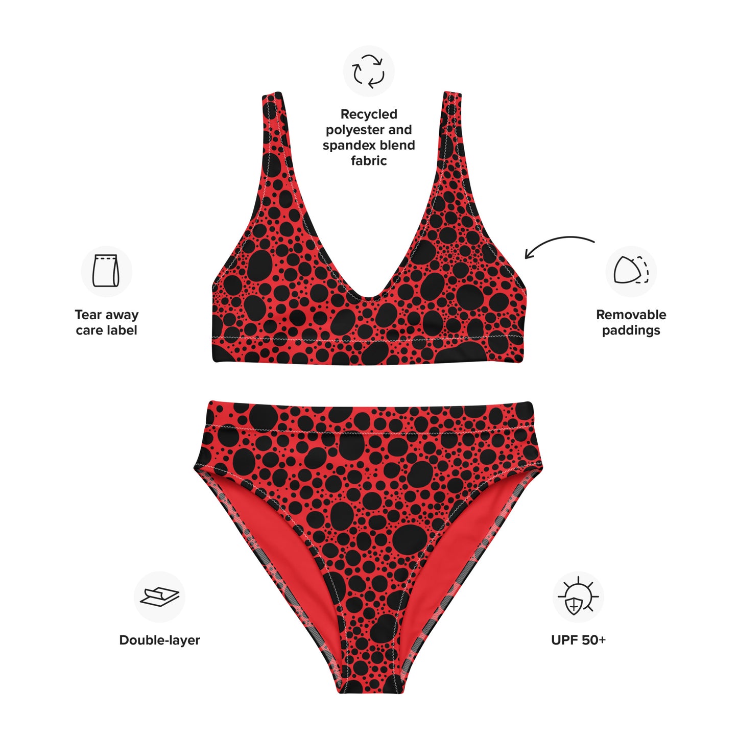 Noir Pointillism on Red Recycled high-waisted bikini