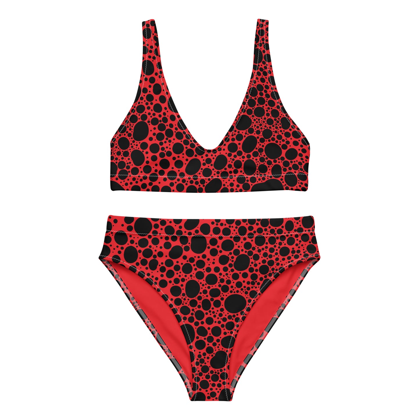 Noir Pointillism on Red Recycled high-waisted bikini