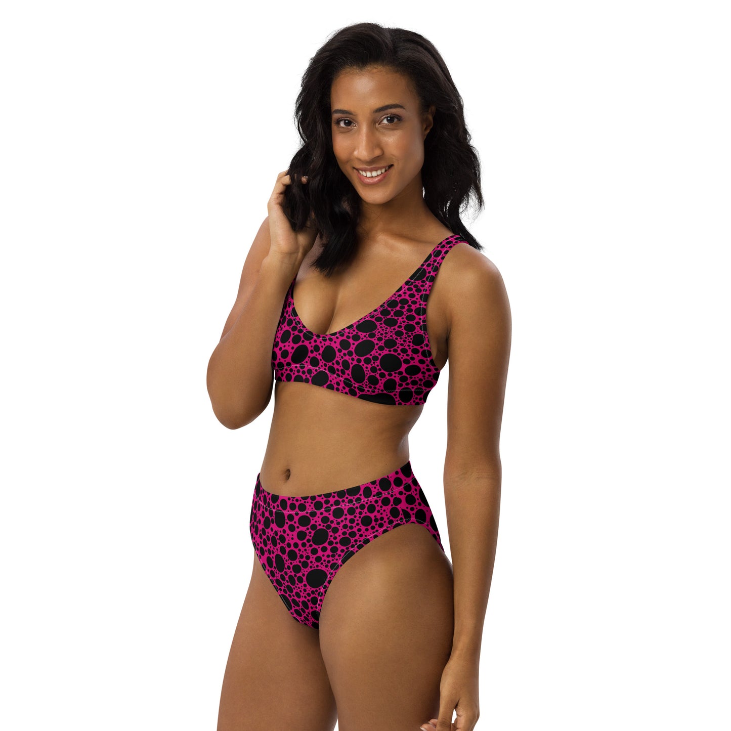 Noir Pointillism on Pink Recycled high-waisted bikini