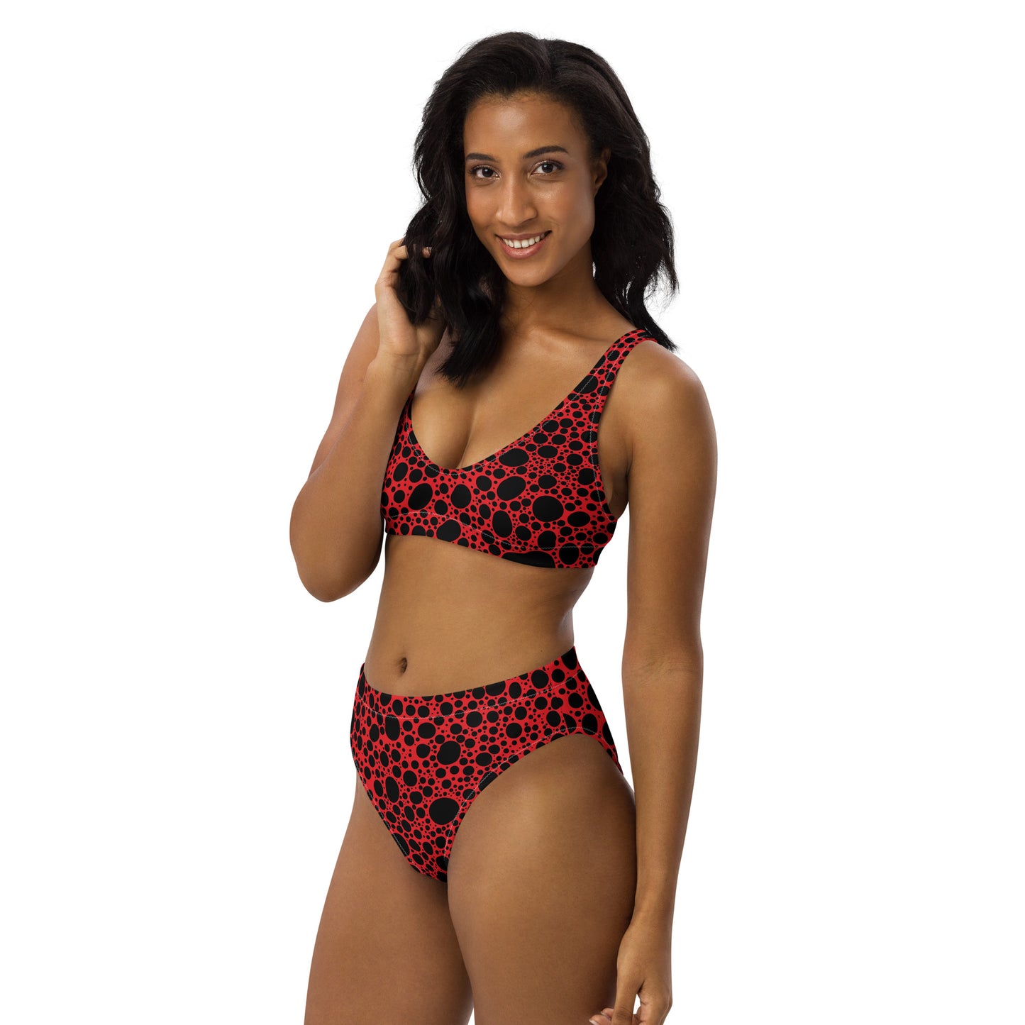 Noir Pointillism on Red Recycled high-waisted bikini