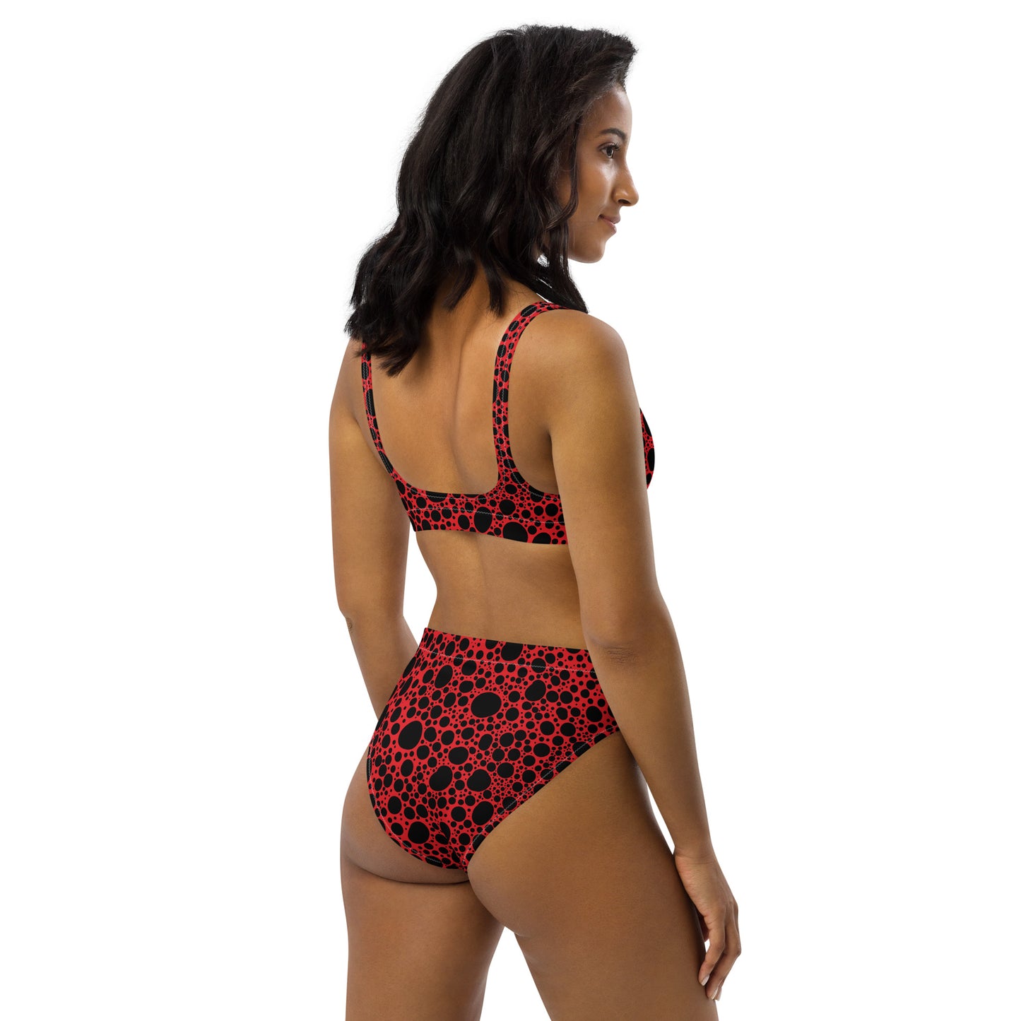 Noir Pointillism on Red Recycled high-waisted bikini